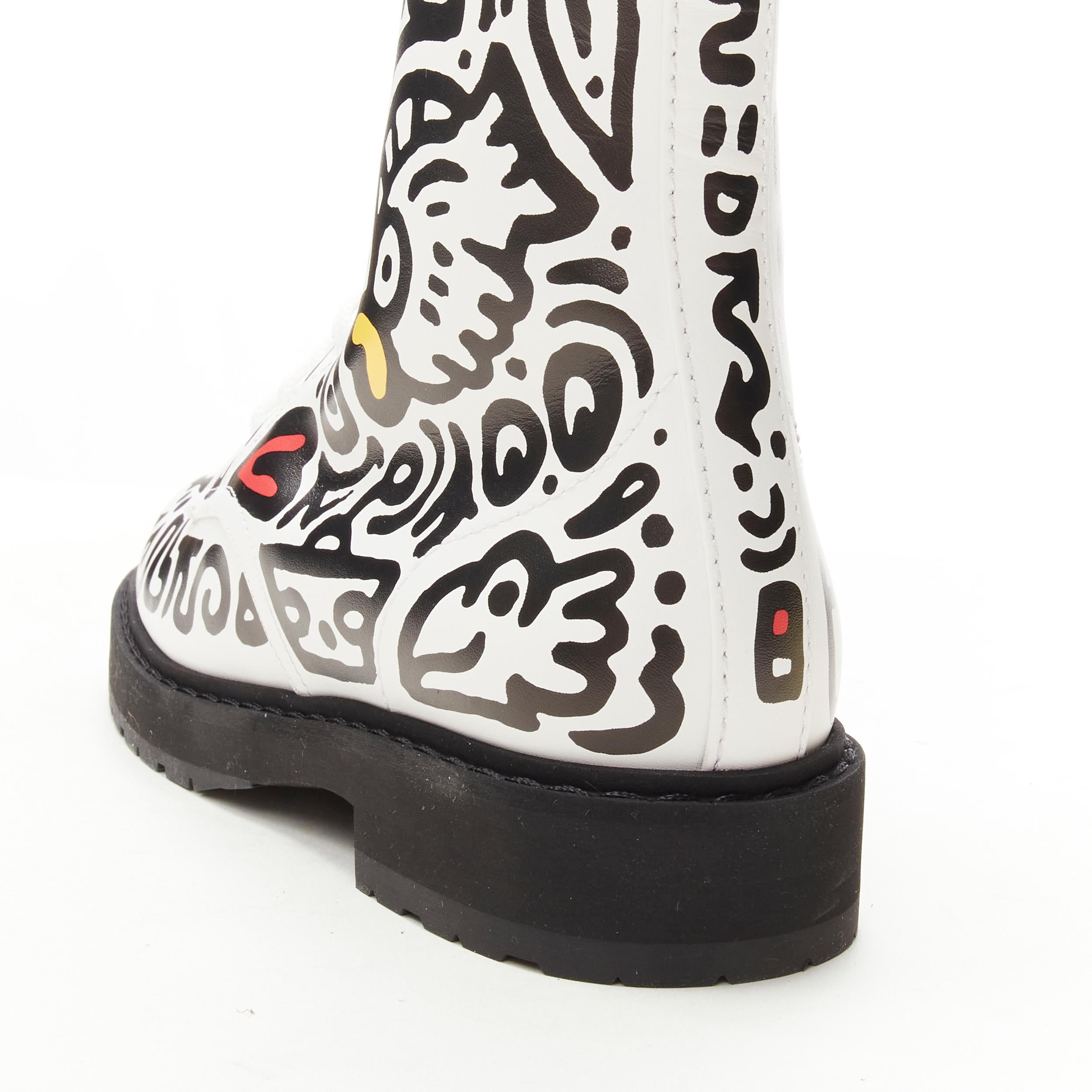 rare FENDI MR DOODLE white logo graffiti print laced combat ankle boot EU36 For Sale 2
