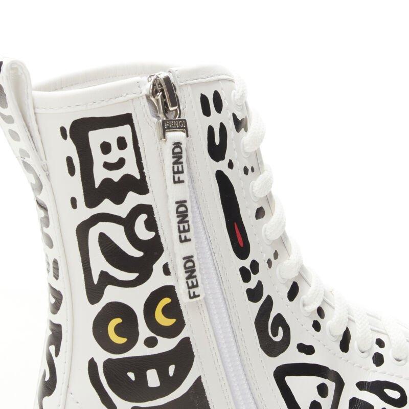 rare FENDI MR DOODLE white logo graffiti print laced combat ankle boot EU36 For Sale 4