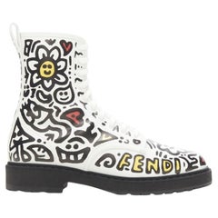 rare FENDI MR DOODLE white logo graffiti print laced combat ankle boot EU36