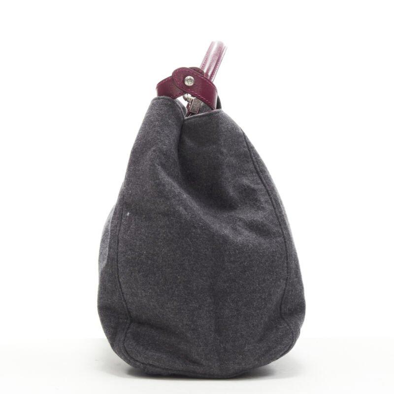 rare FENDI Peekaboo grey wool burgundy textured leather shoulder satchel bag In Excellent Condition For Sale In Hong Kong, NT