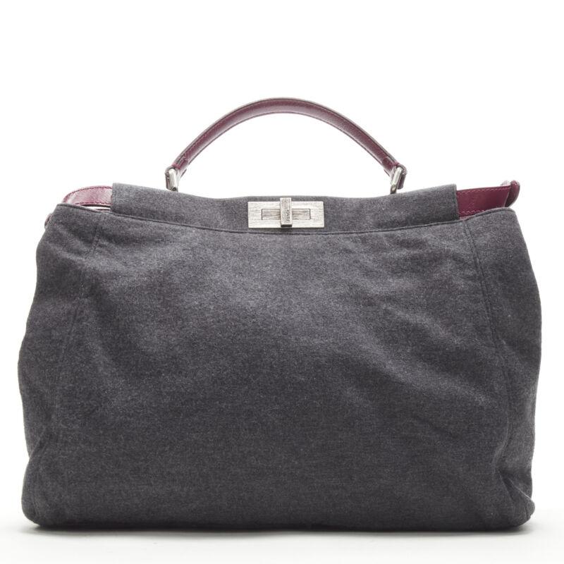 Women's rare FENDI Peekaboo grey wool burgundy textured leather shoulder satchel bag For Sale