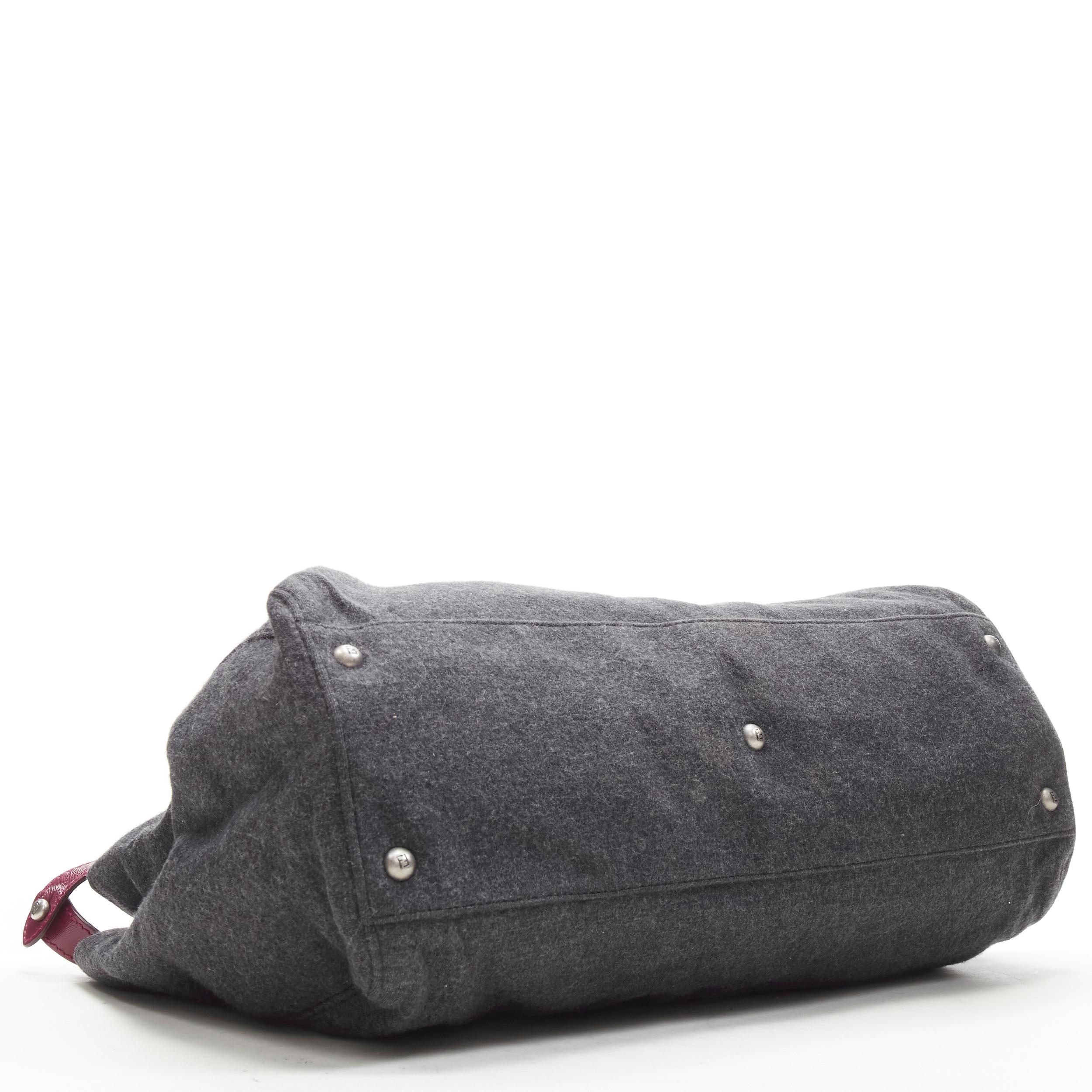 Black rare FENDI Peekaboo grey wool burgundy textured leather shoulder satchel bag For Sale