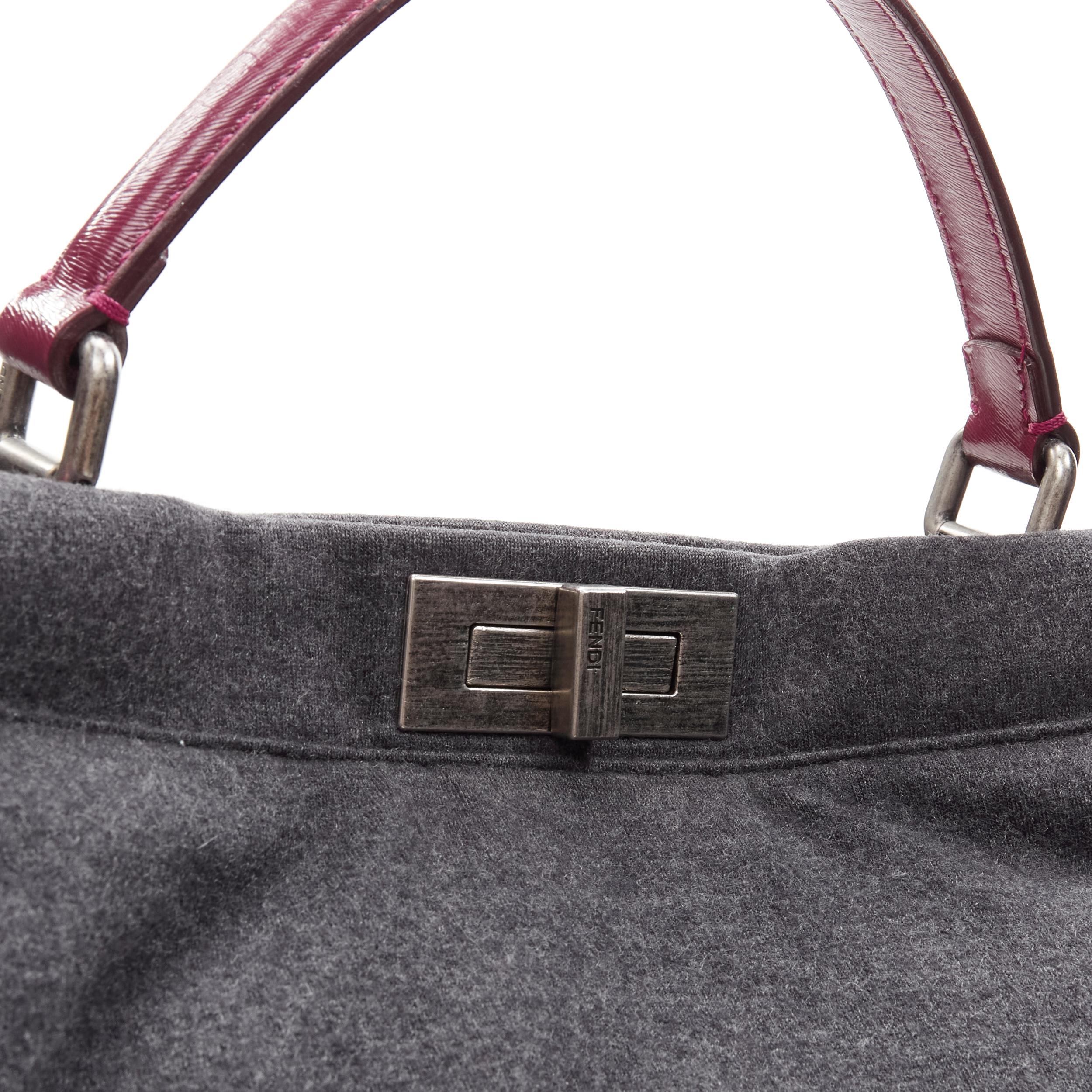 rare FENDI Peekaboo grey wool burgundy textured leather shoulder satchel bag In Excellent Condition For Sale In Hong Kong, NT