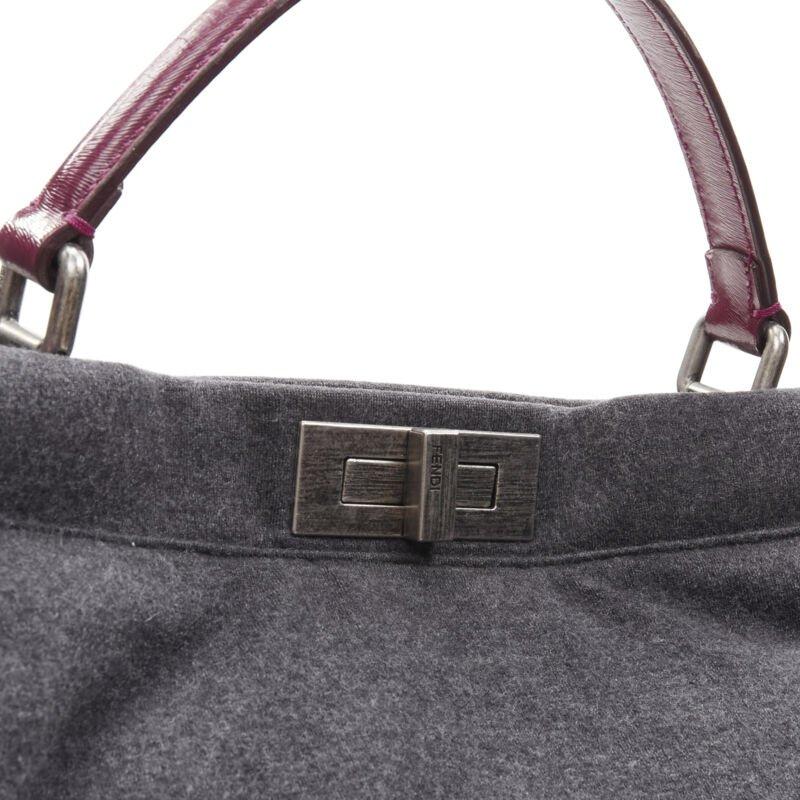 rare FENDI Peekaboo grey wool burgundy textured leather shoulder satchel bag For Sale 2
