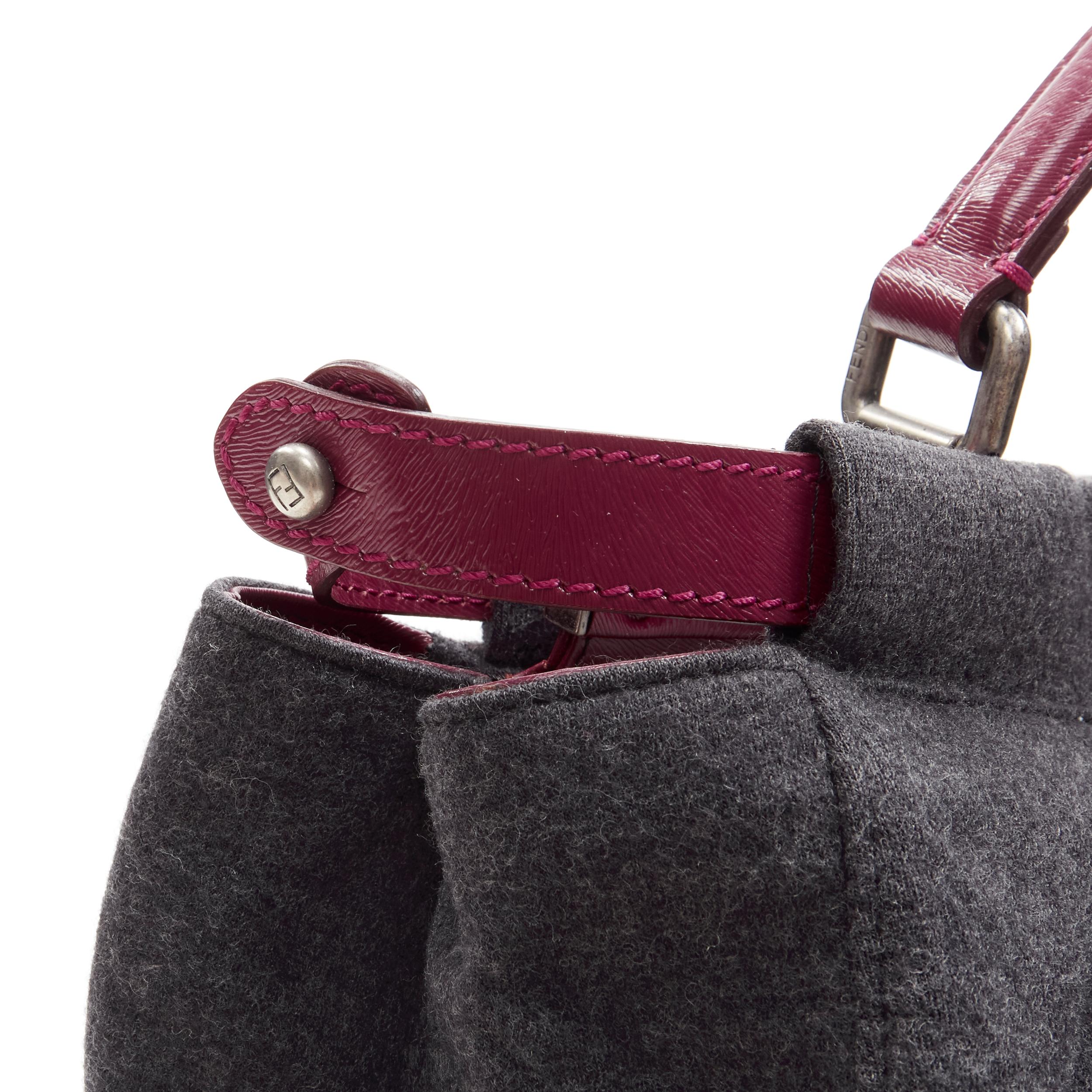 Women's rare FENDI Peekaboo grey wool burgundy textured leather shoulder satchel bag For Sale