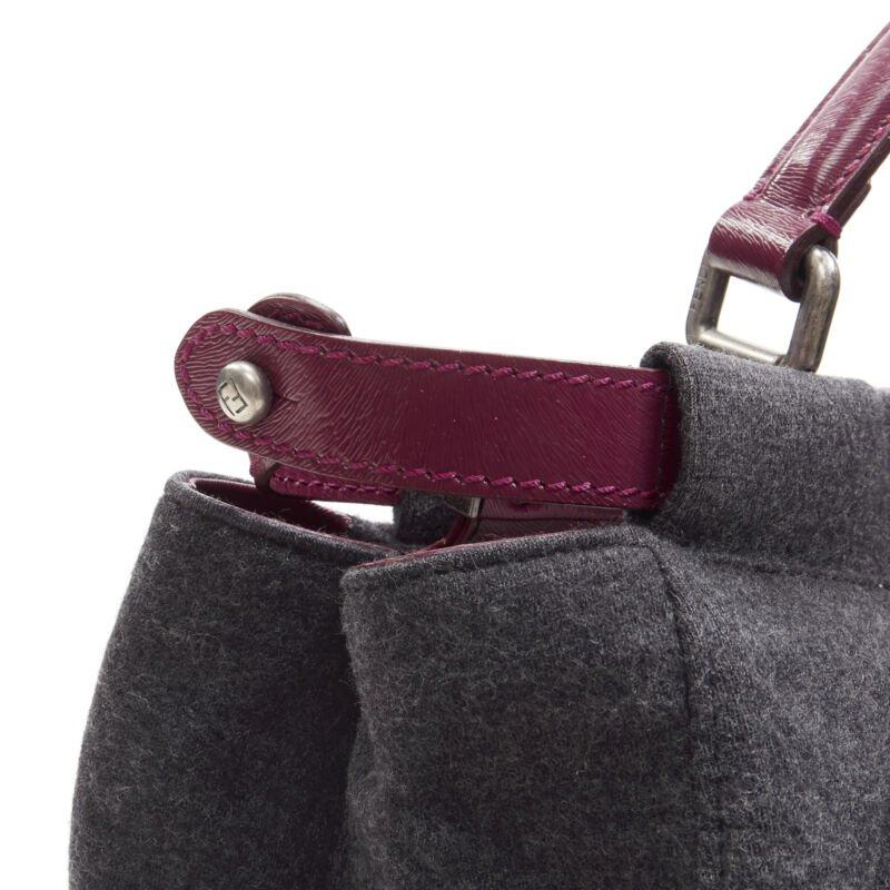rare FENDI Peekaboo grey wool burgundy textured leather shoulder satchel bag For Sale 3