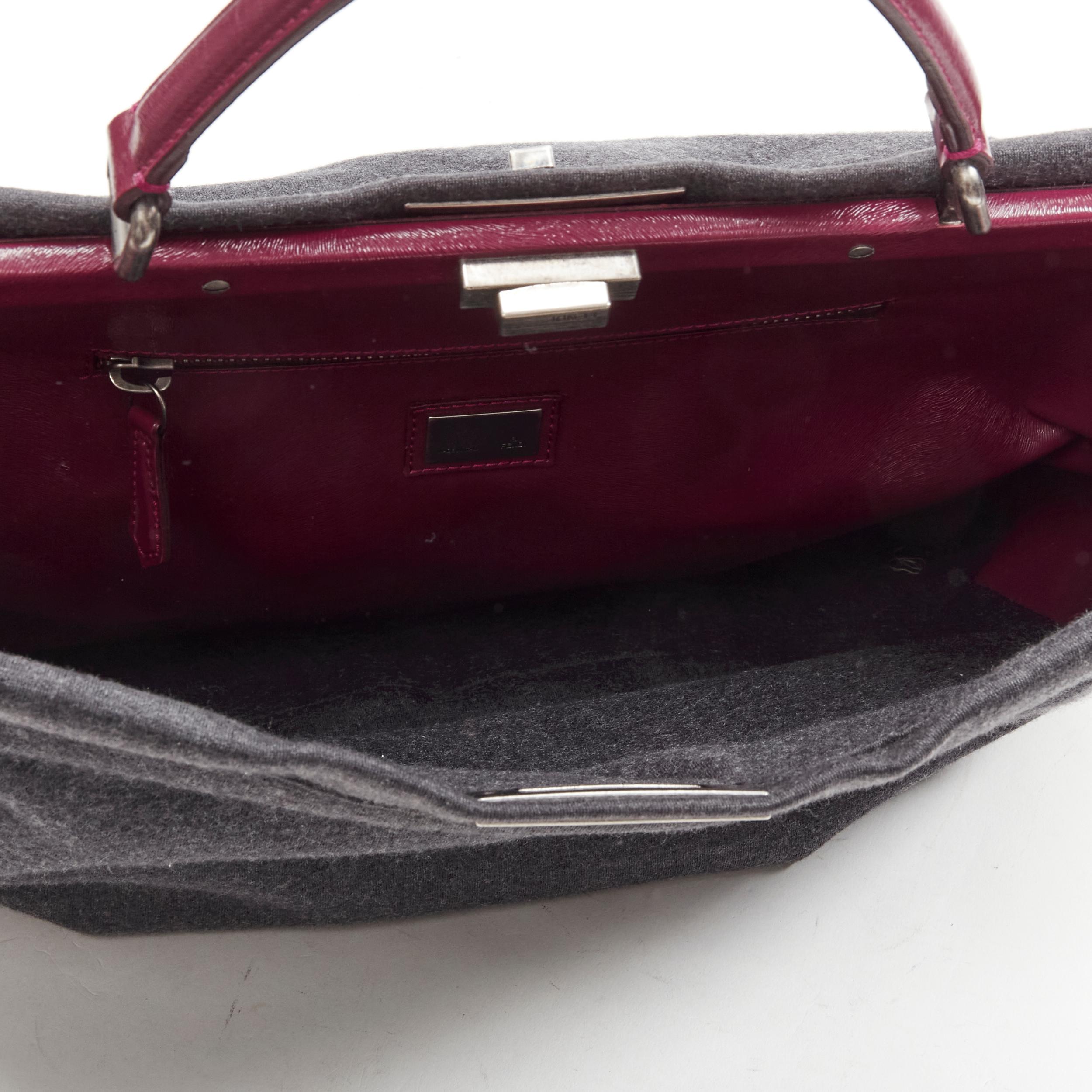 rare FENDI Peekaboo grey wool burgundy textured leather shoulder satchel bag For Sale 1