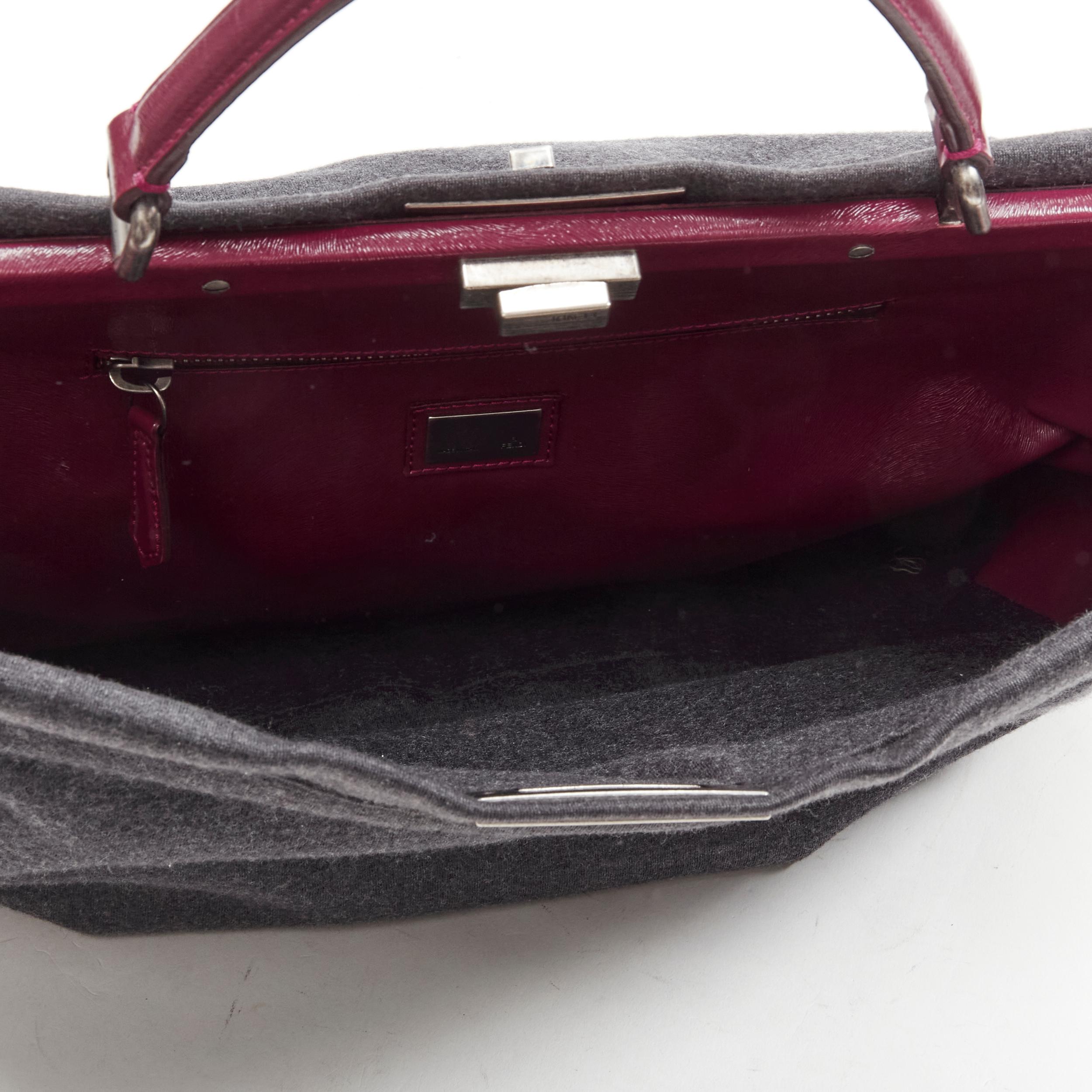 rare FENDI Peekaboo grey wool burgundy textured leather shoulder satchel bag 1