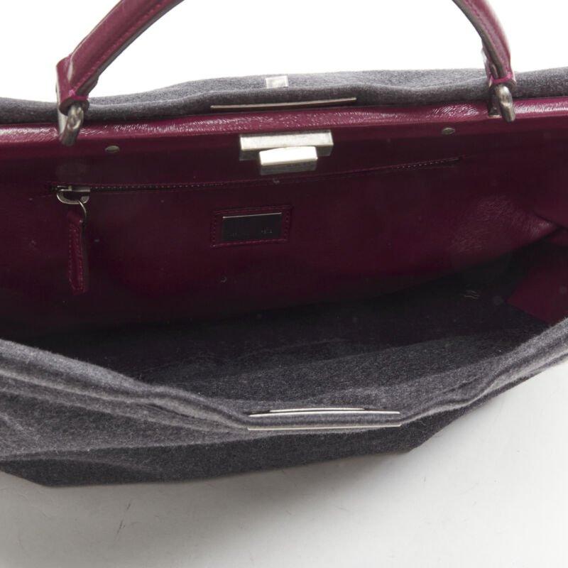 rare FENDI Peekaboo grey wool burgundy textured leather shoulder satchel bag For Sale 4