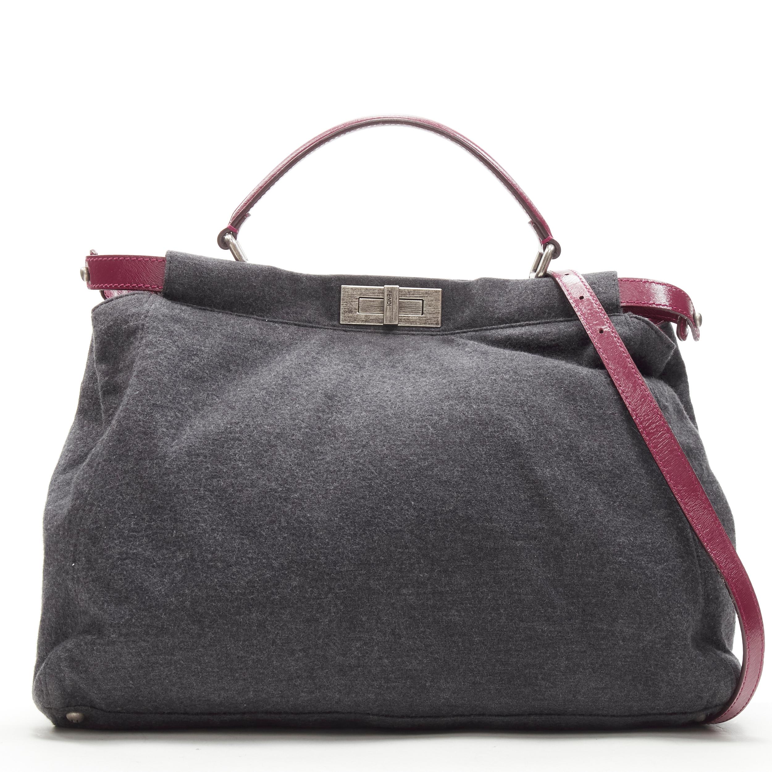 rare FENDI Peekaboo grey wool burgundy textured leather shoulder satchel bag For Sale