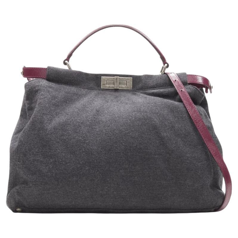 rare FENDI Peekaboo grey wool burgundy textured leather shoulder satchel bag For Sale