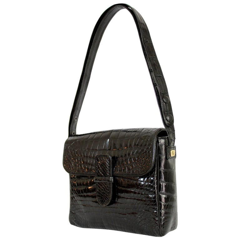 Rare Fendi Roma Vintage Black Leather Crocodile Shoulder Bag 1970s For Sale at 1stdibs