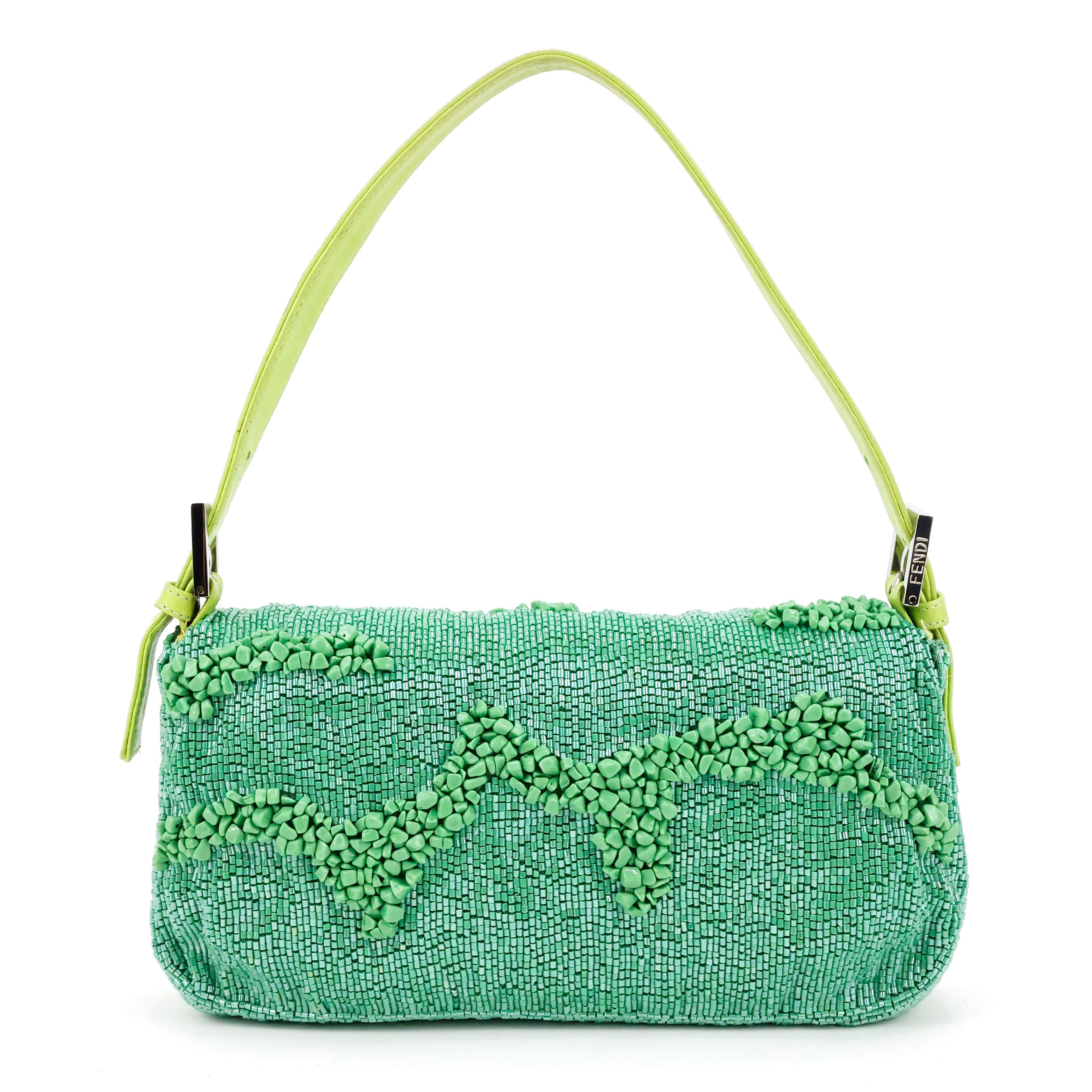 Rare Fendi multi-faceted embroidery and micro-beads Baguette from the Spring/Summer 2000 collection. The bag is embroidered all over with more than 16,000 green beads and 900 multifaceted tone on tone stones for an exquisitely fine three-dimensional