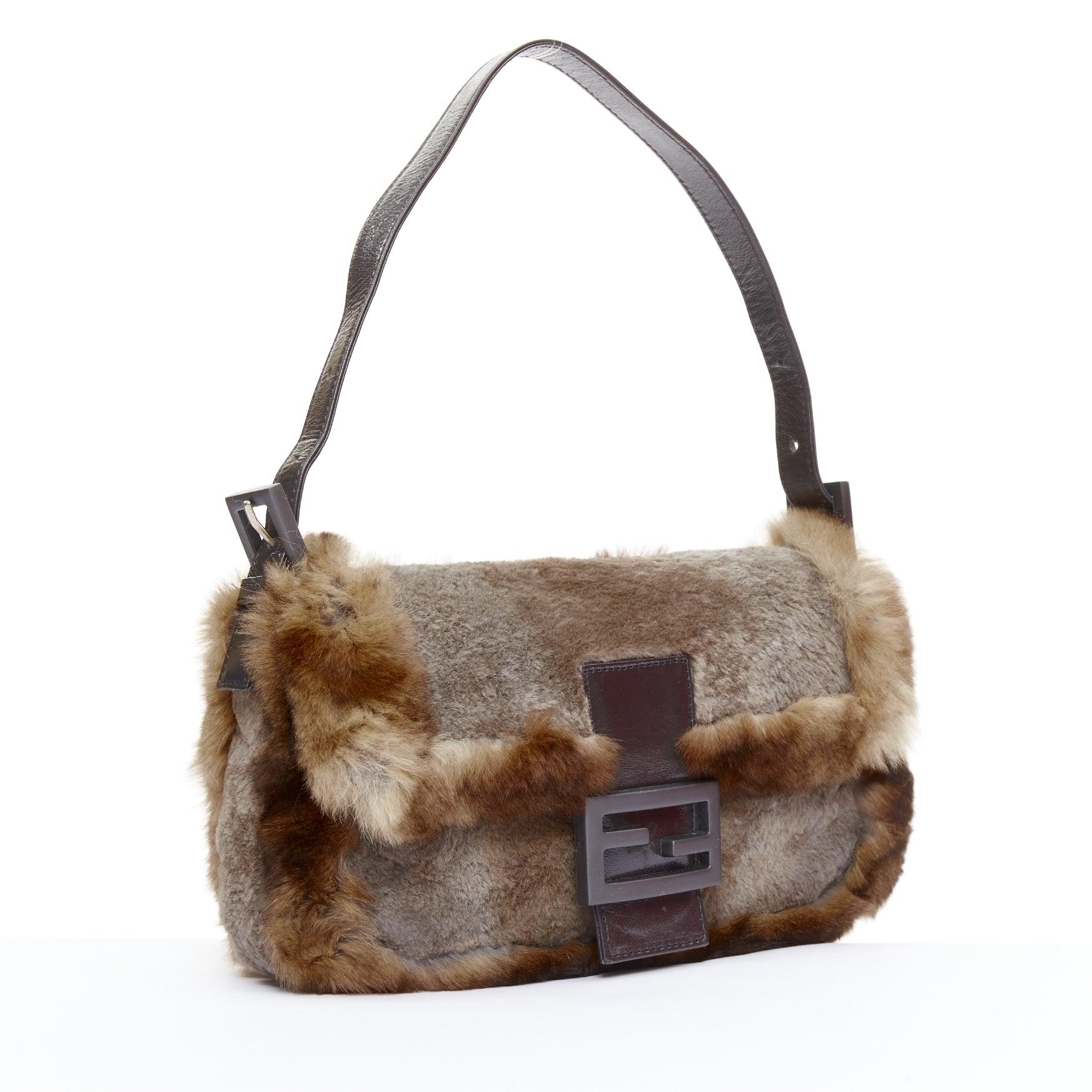 Brown rare FENDI Vintage Baguette brown shaved rabbit fur FF logo underarm bag
