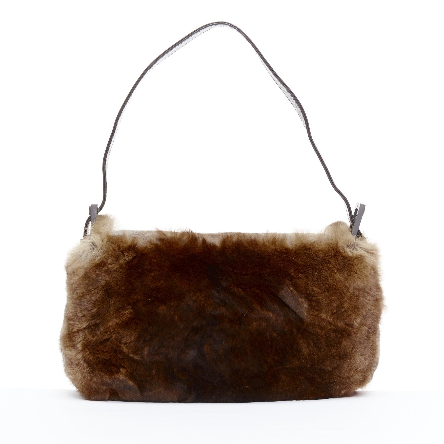 Women's rare FENDI Vintage Baguette brown shaved rabbit fur FF logo underarm bag