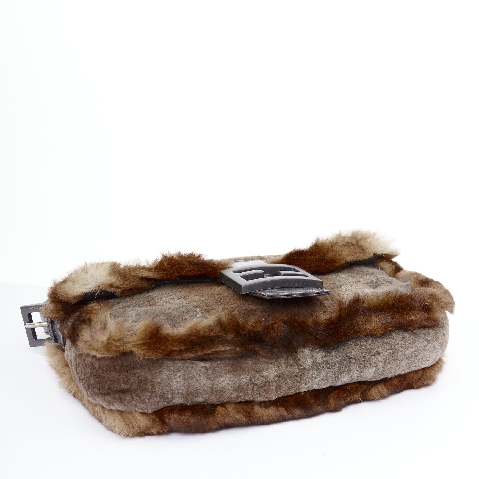 rare FENDI Vintage Baguette brown shaved rabbit fur FF logo underarm bag 1