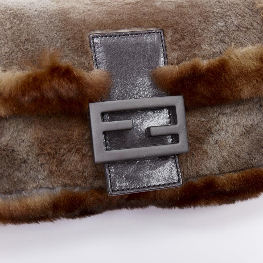 rare FENDI Vintage Baguette brown shaved rabbit fur FF logo underarm bag 2
