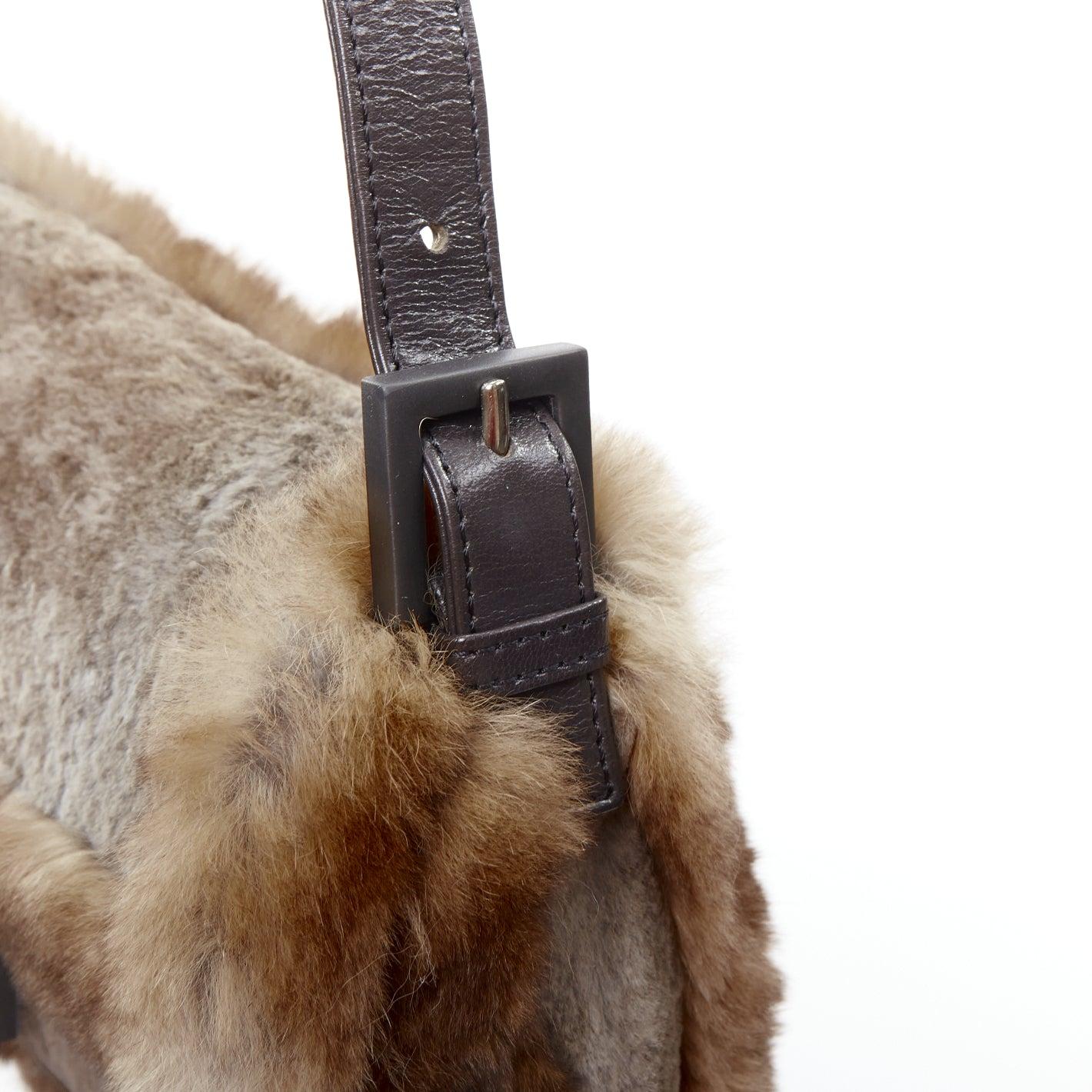 rare FENDI Vintage Baguette brown shaved rabbit fur FF logo underarm bag 3