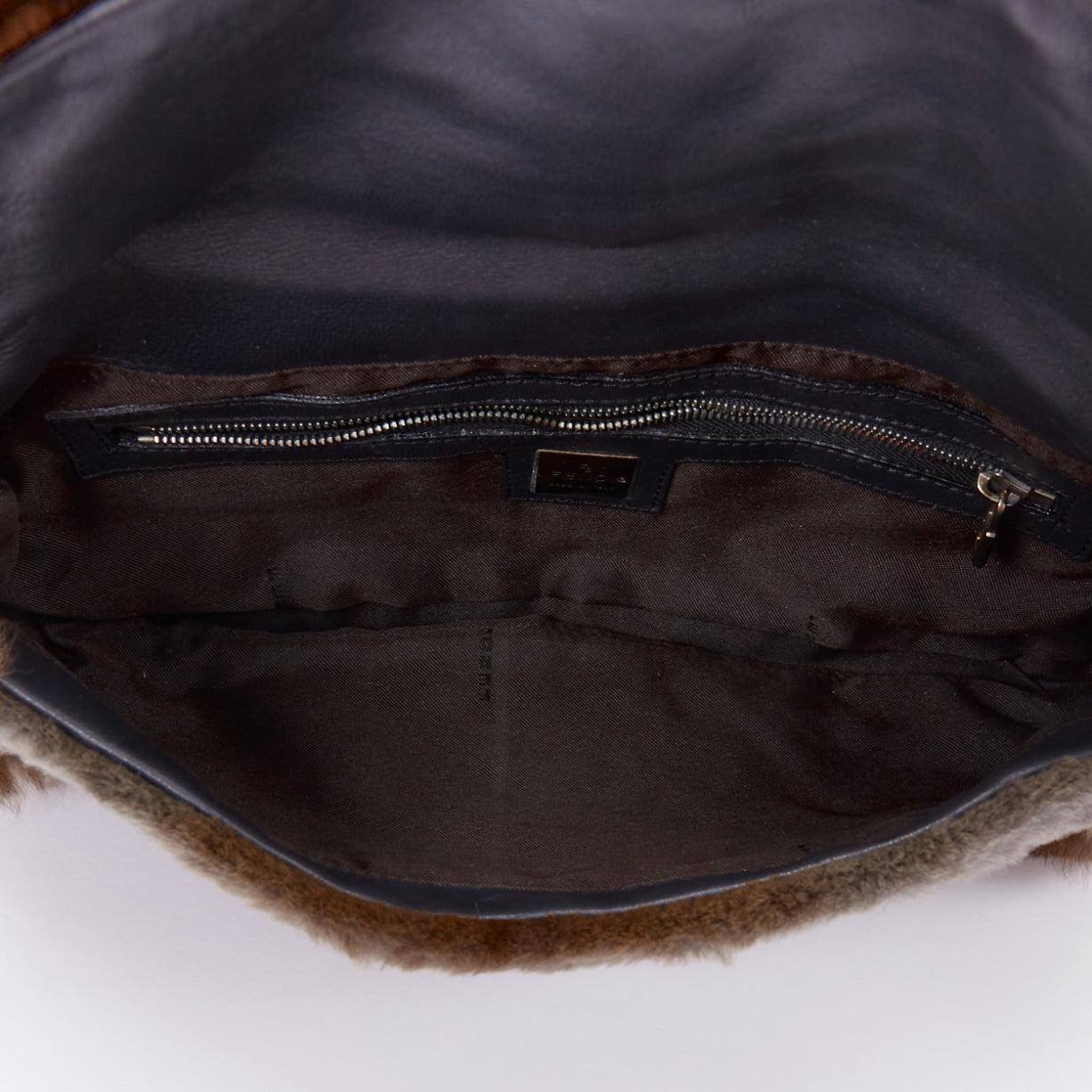 rare FENDI Vintage Baguette brown shaved rabbit fur FF logo underarm bag 4