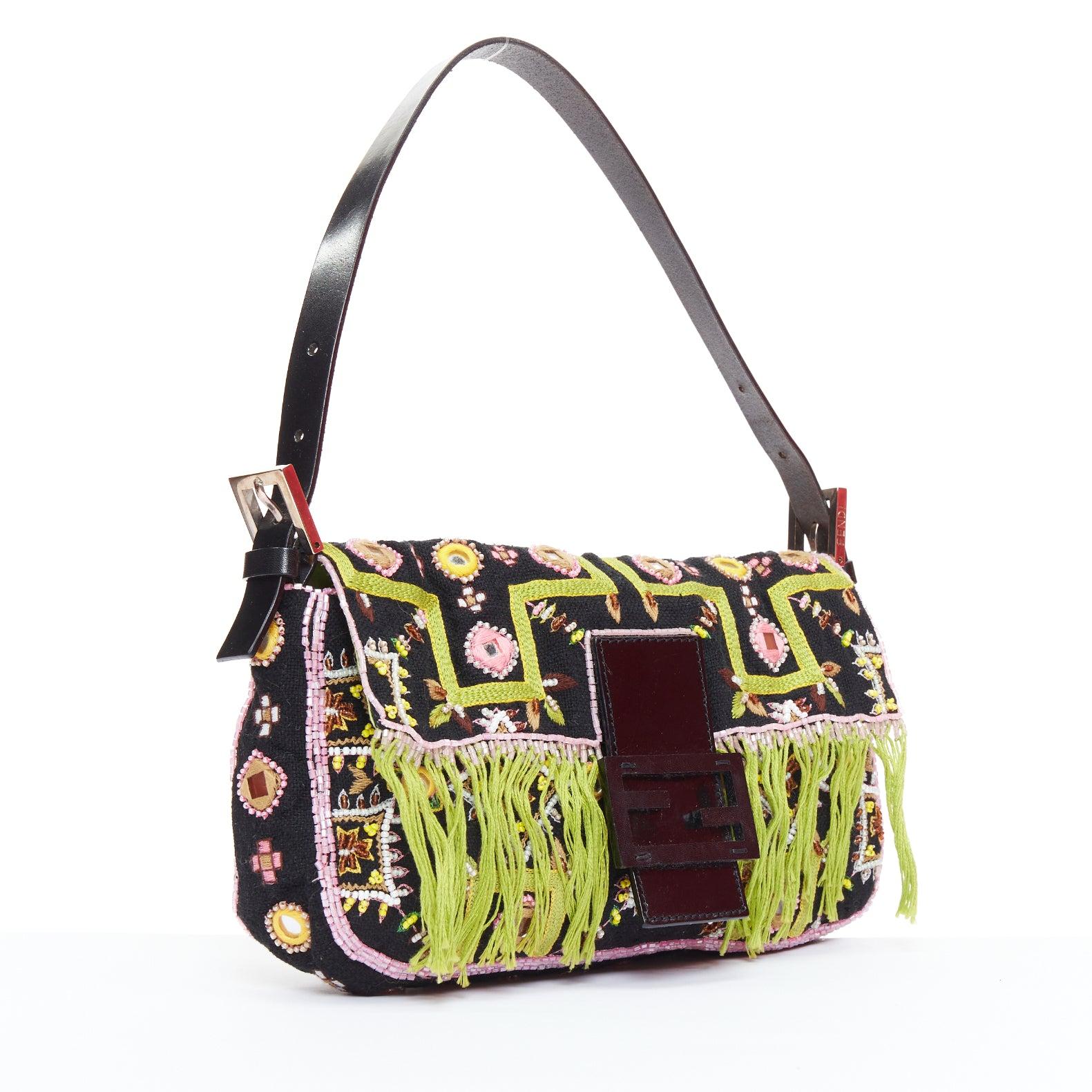 Beige rare FENDI Vintage Baguette green fringe embroidered FF underarm bag