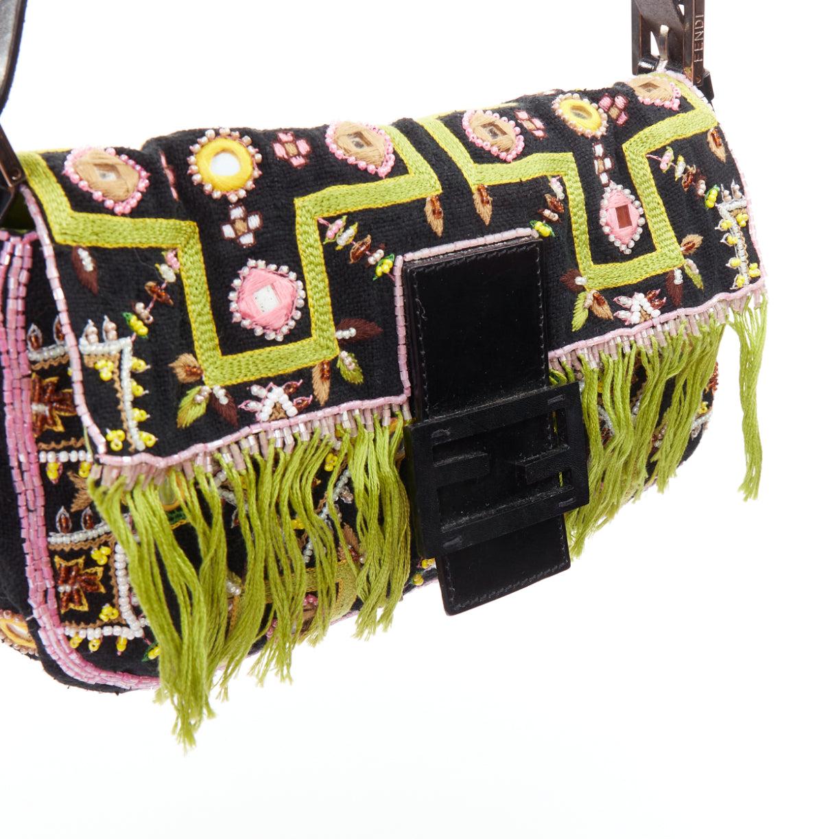 rare FENDI Vintage Baguette green fringe embroidered FF underarm bag 2