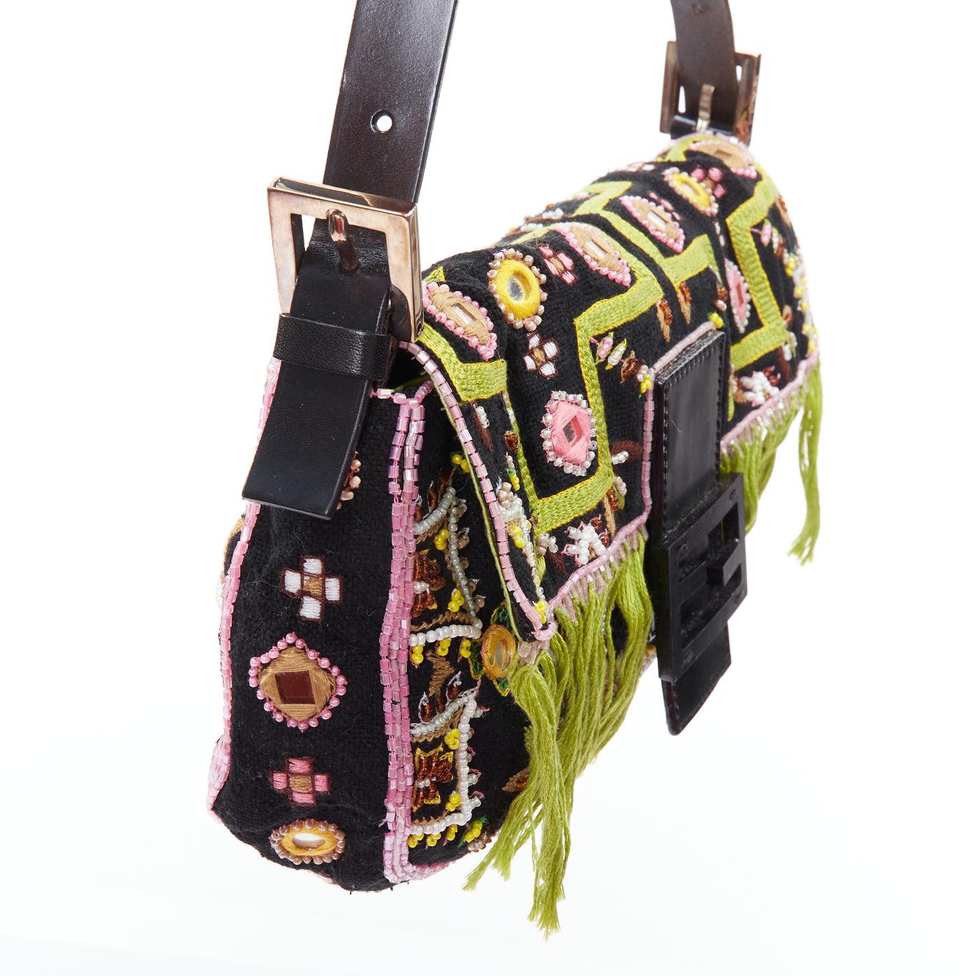 rare FENDI Vintage Baguette green fringe embroidered FF underarm bag 3