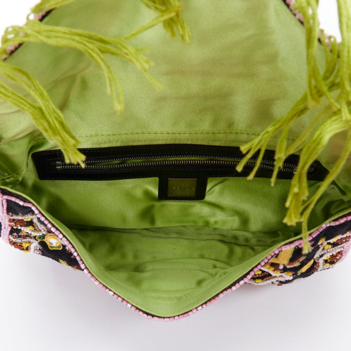 rare FENDI Vintage Baguette green fringe embroidered FF underarm bag 4