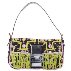 rare FENDI Vintage Baguette green fringe embroidered FF underarm bag