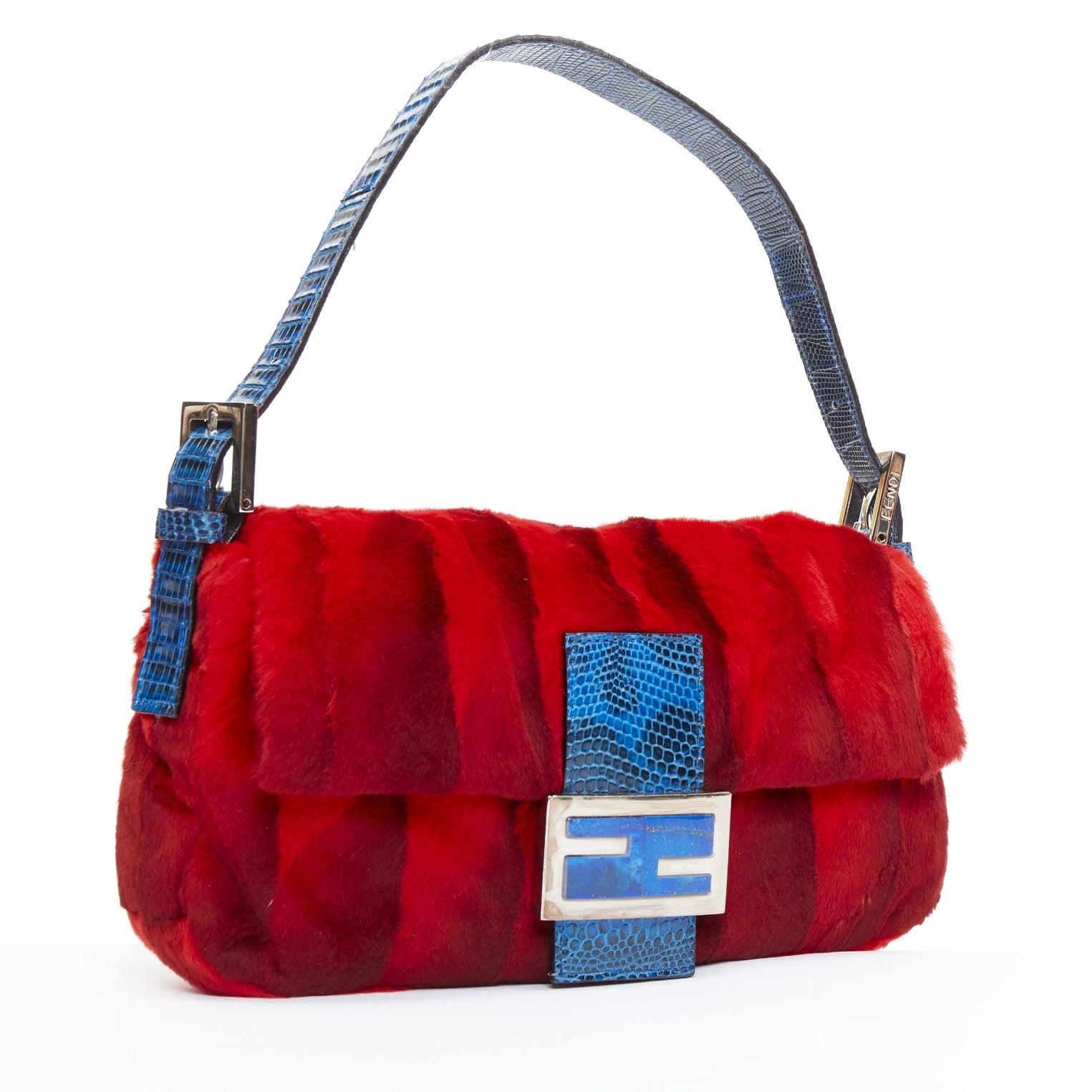 Red rare FENDI Vintage Baguette red blue scaled fur FF logo underarm bag