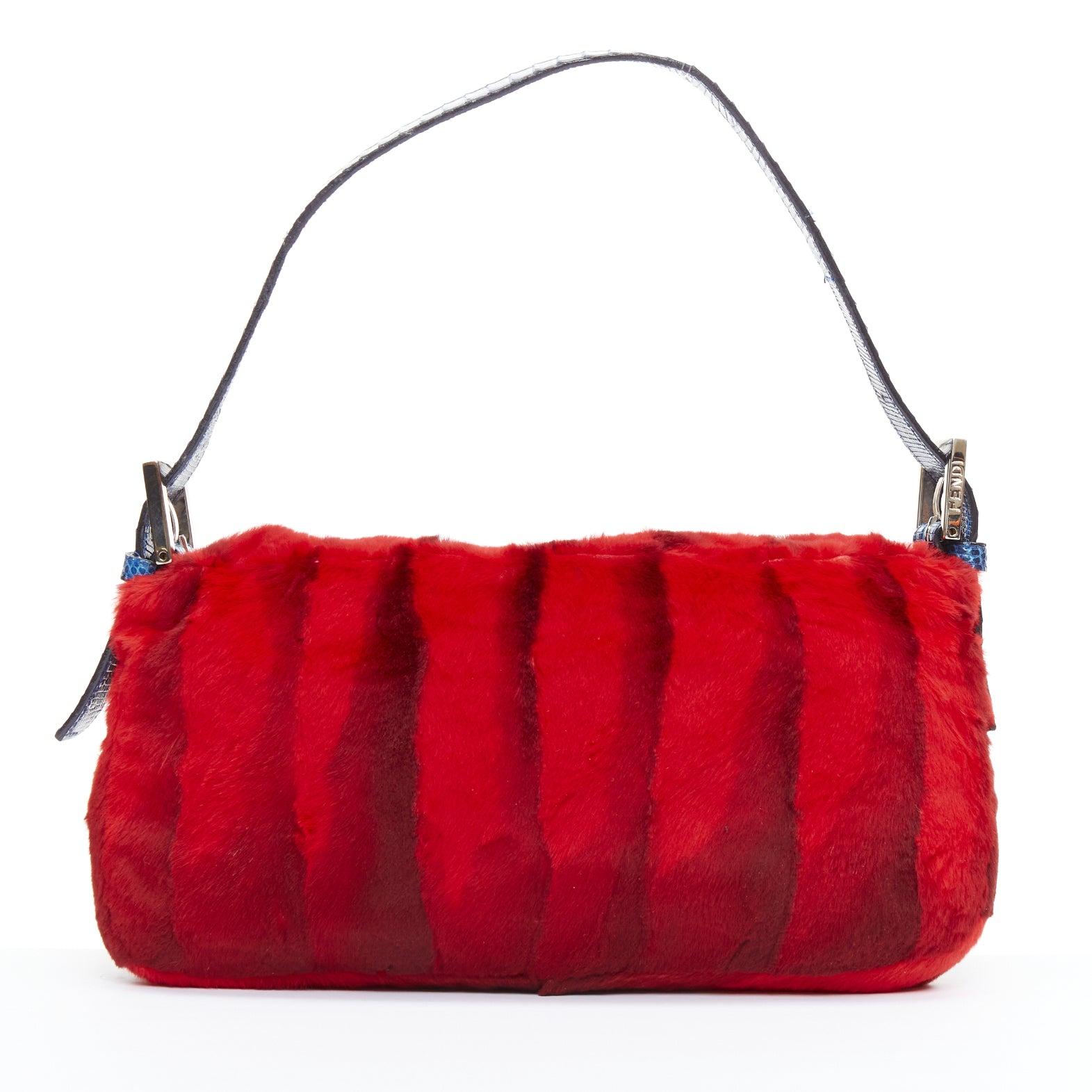 Women's rare FENDI Vintage Baguette red blue scaled fur FF logo underarm bag