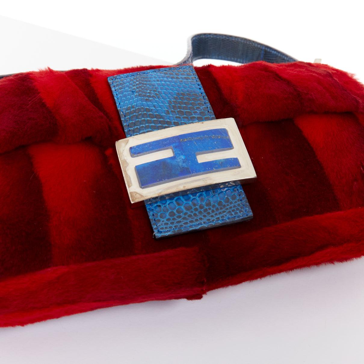 rare FENDI Vintage Baguette red blue scaled fur FF logo underarm bag 2