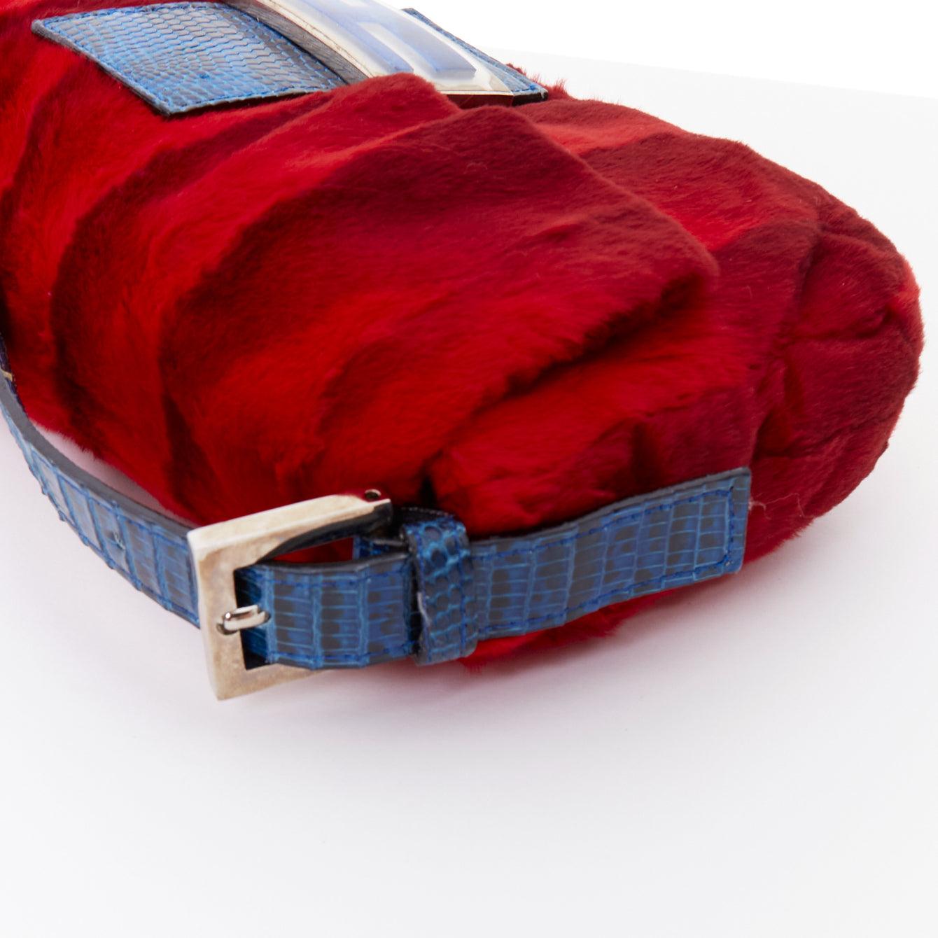 rare FENDI Vintage Baguette red blue scaled fur FF logo underarm bag 3