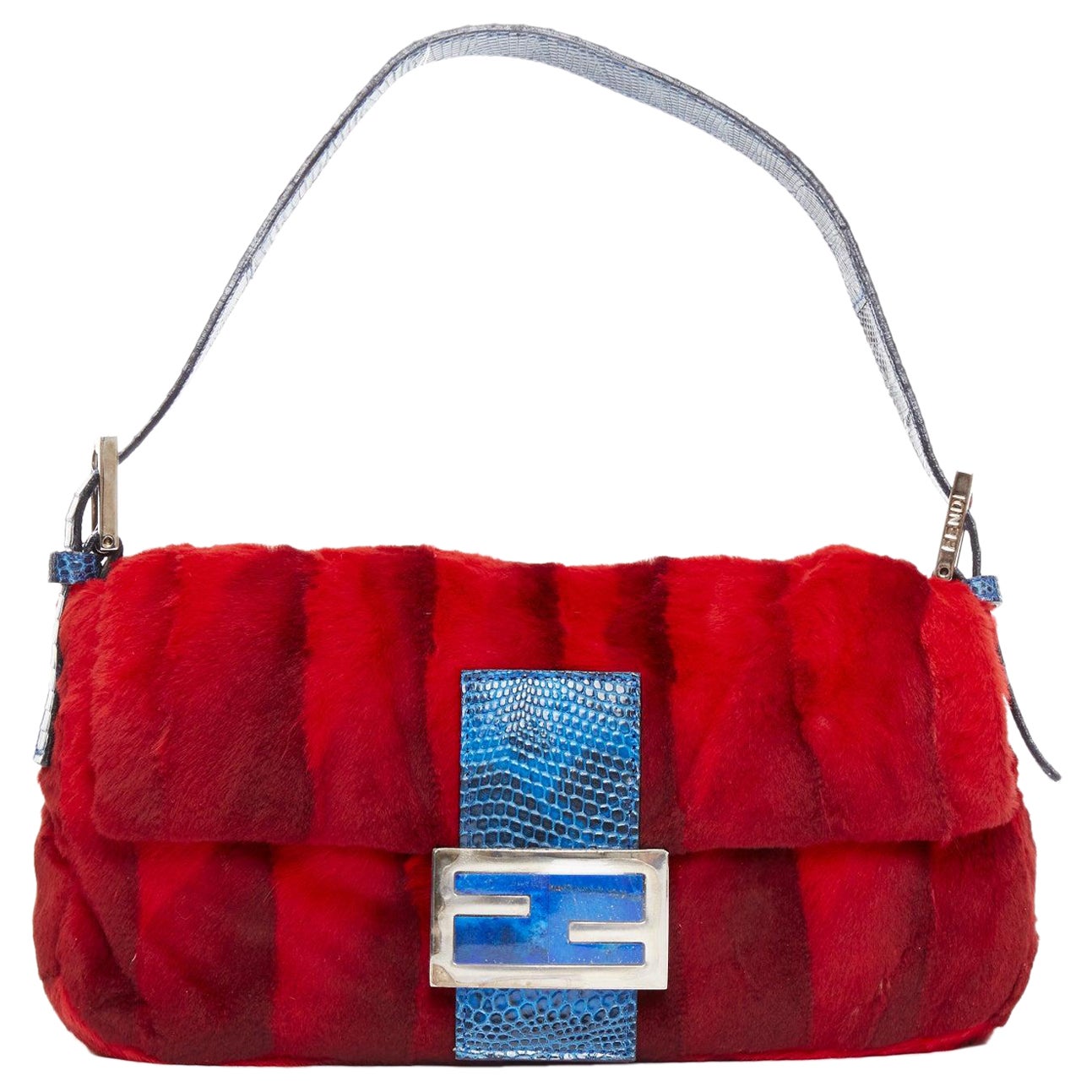 rare FENDI Vintage Baguette red blue scaled fur FF logo underarm bag