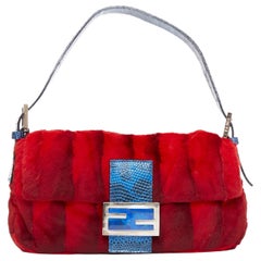 rare FENDI Vintage Baguette red blue scaled fur FF logo underarm bag