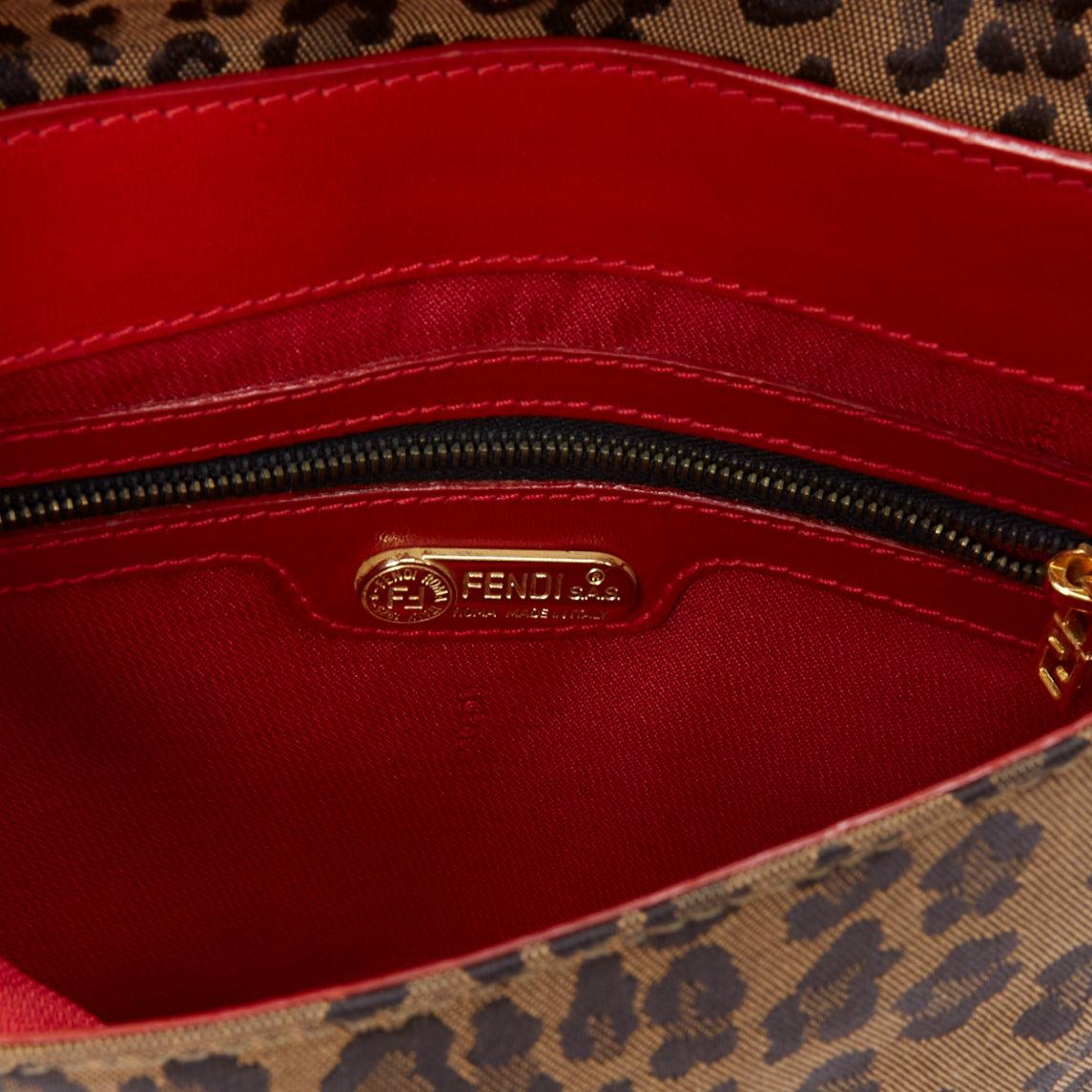 rare FENDI Vintage brown leopard print red leather FF logo shoulder bag For Sale 5