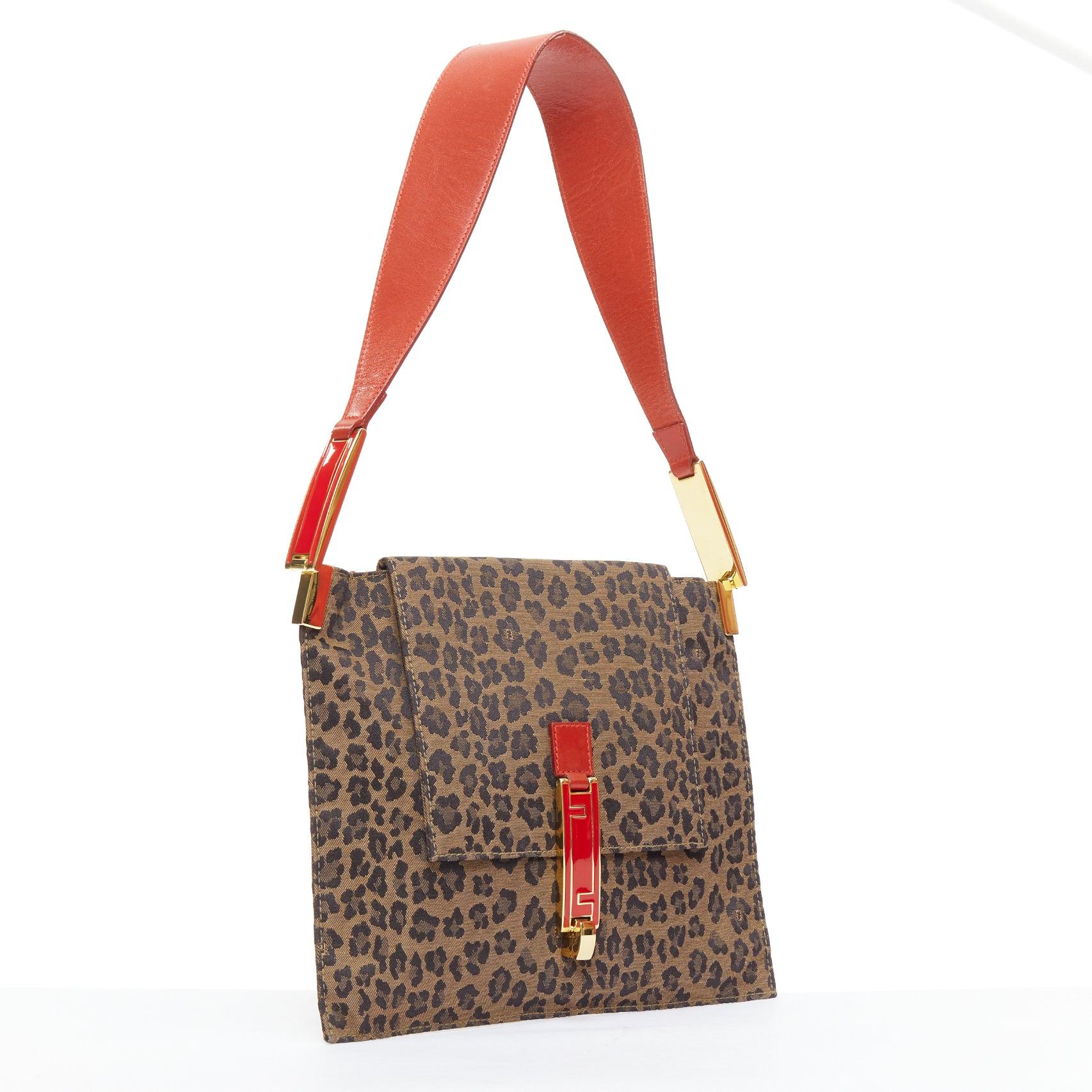 Brown rare FENDI Vintage brown leopard print red leather FF logo shoulder bag For Sale