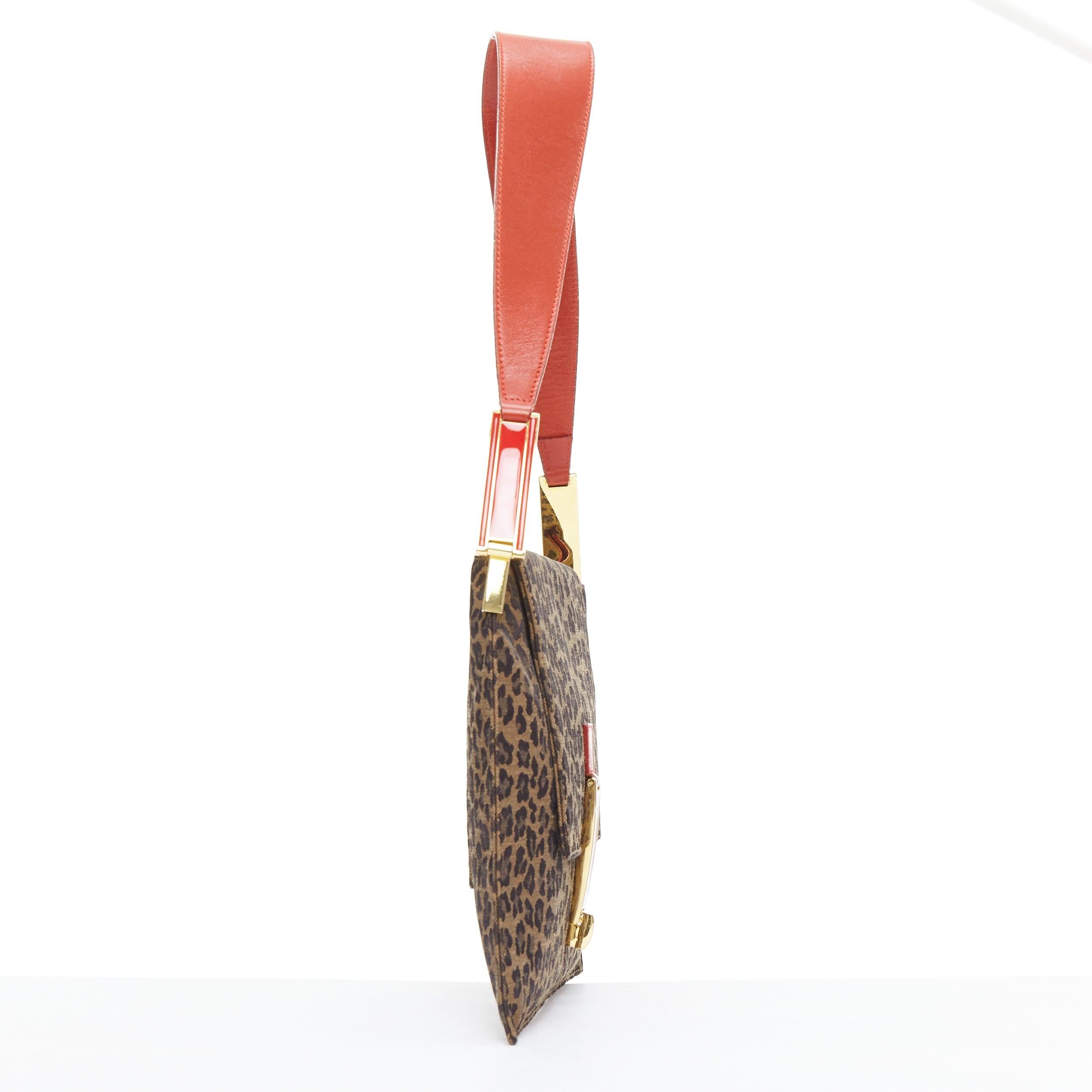 rare FENDI Vintage brown leopard print red leather FF logo shoulder bag In Good Condition For Sale In Hong Kong, NT