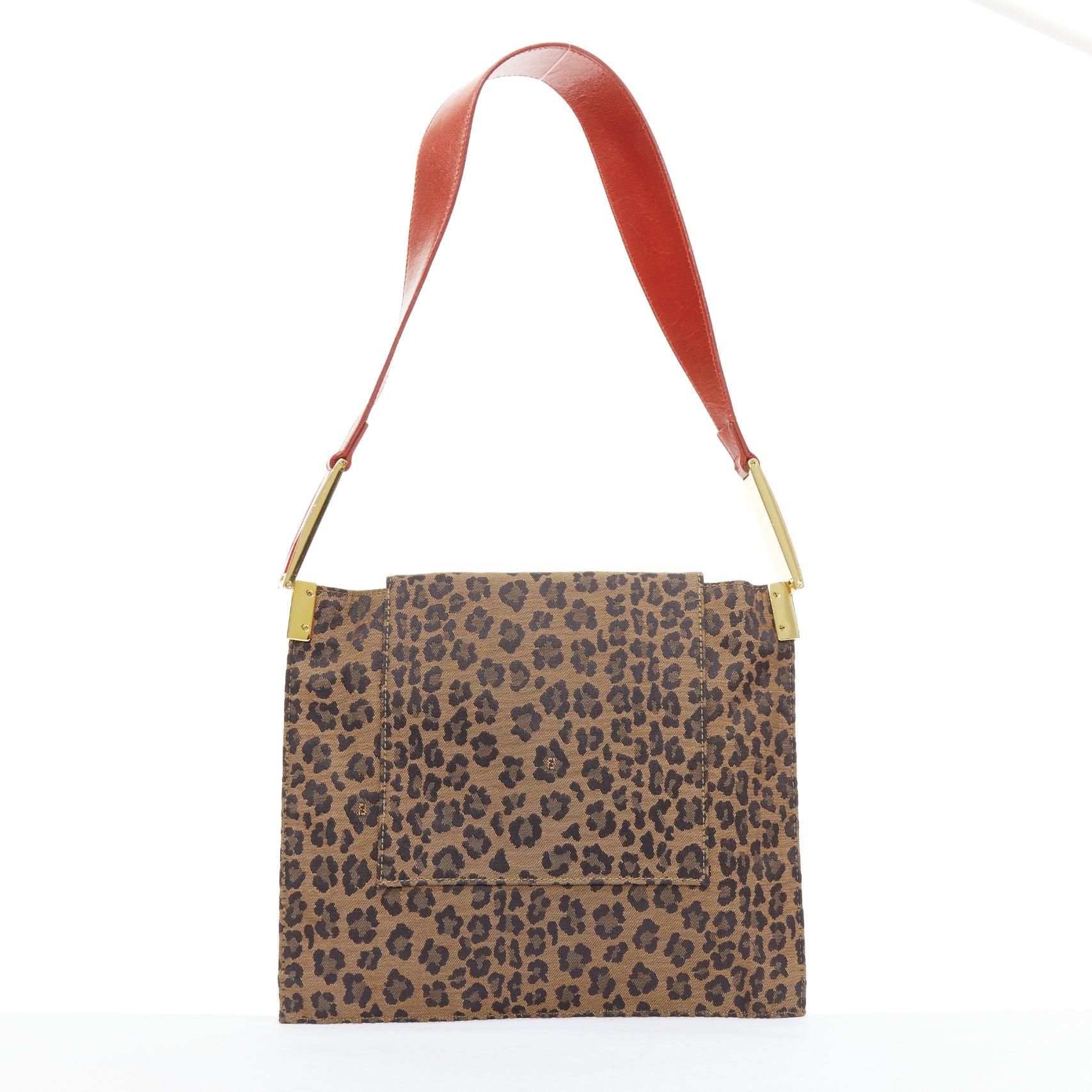 Women's rare FENDI Vintage brown leopard print red leather FF logo shoulder bag For Sale