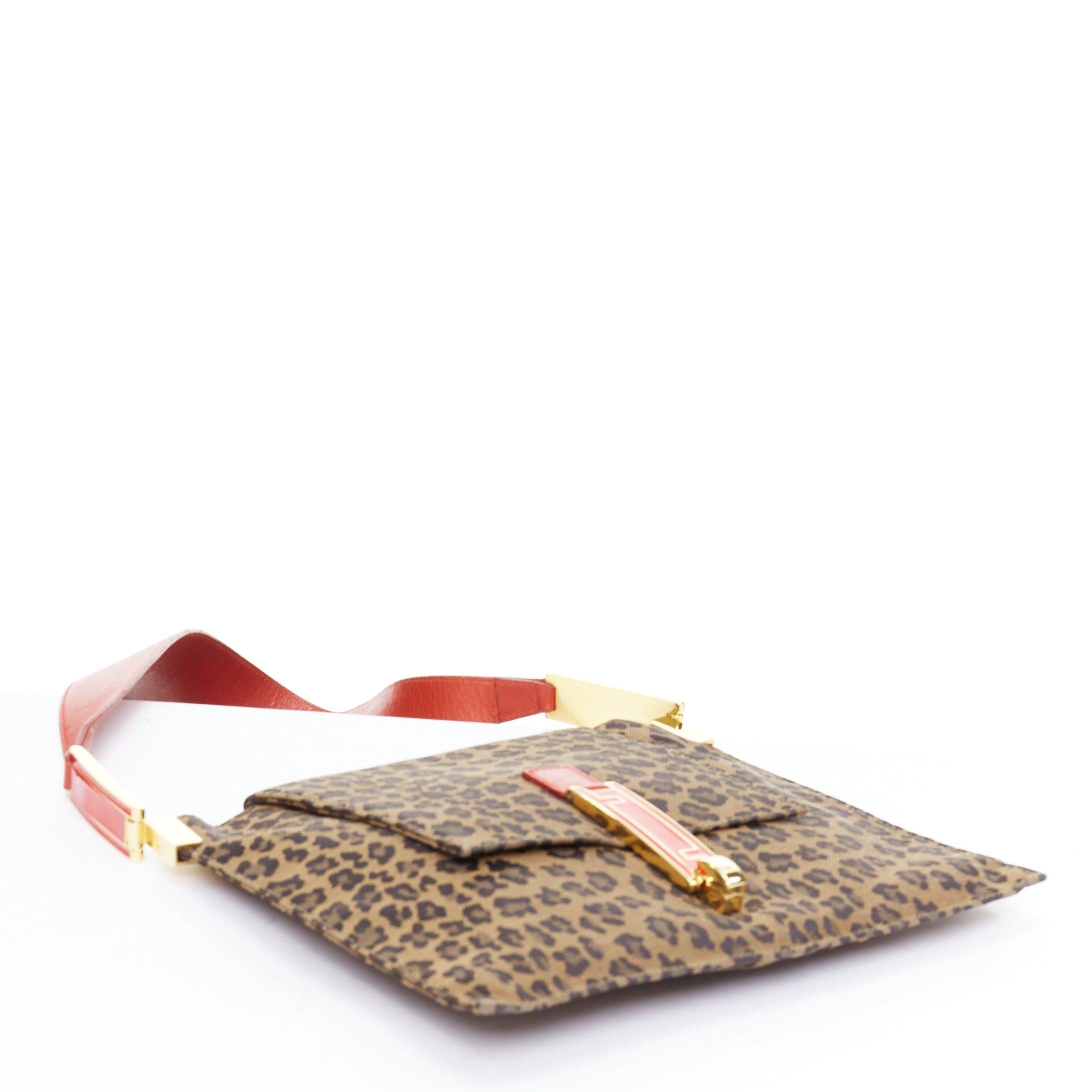 rare FENDI Vintage brown leopard print red leather FF logo shoulder bag For Sale 1