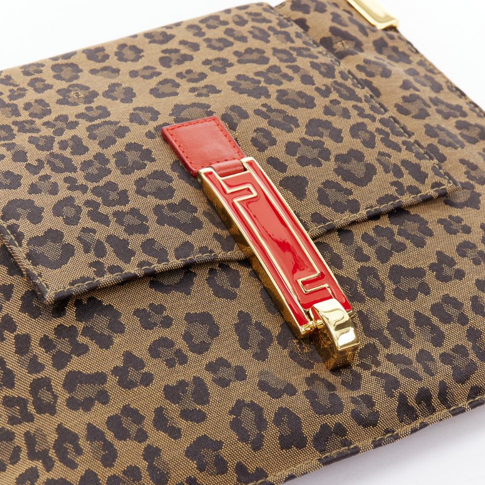 rare FENDI Vintage brown leopard print red leather FF logo shoulder bag For Sale 2