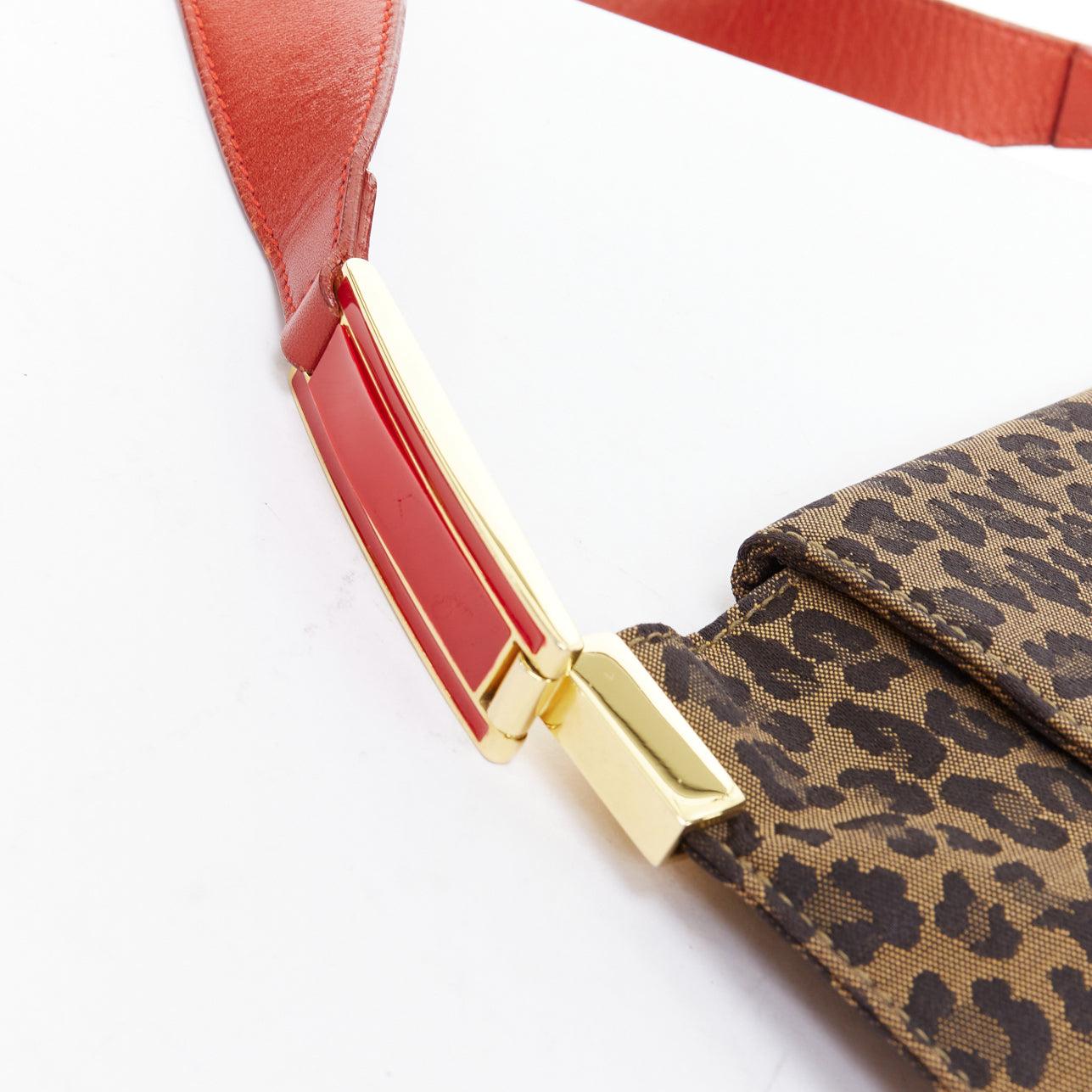 rare FENDI Vintage brown leopard print red leather FF logo shoulder bag For Sale 3