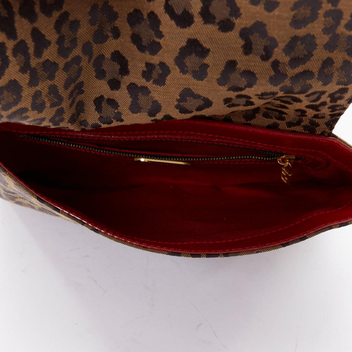 rare FENDI Vintage brown leopard print red leather FF logo shoulder bag For Sale 4