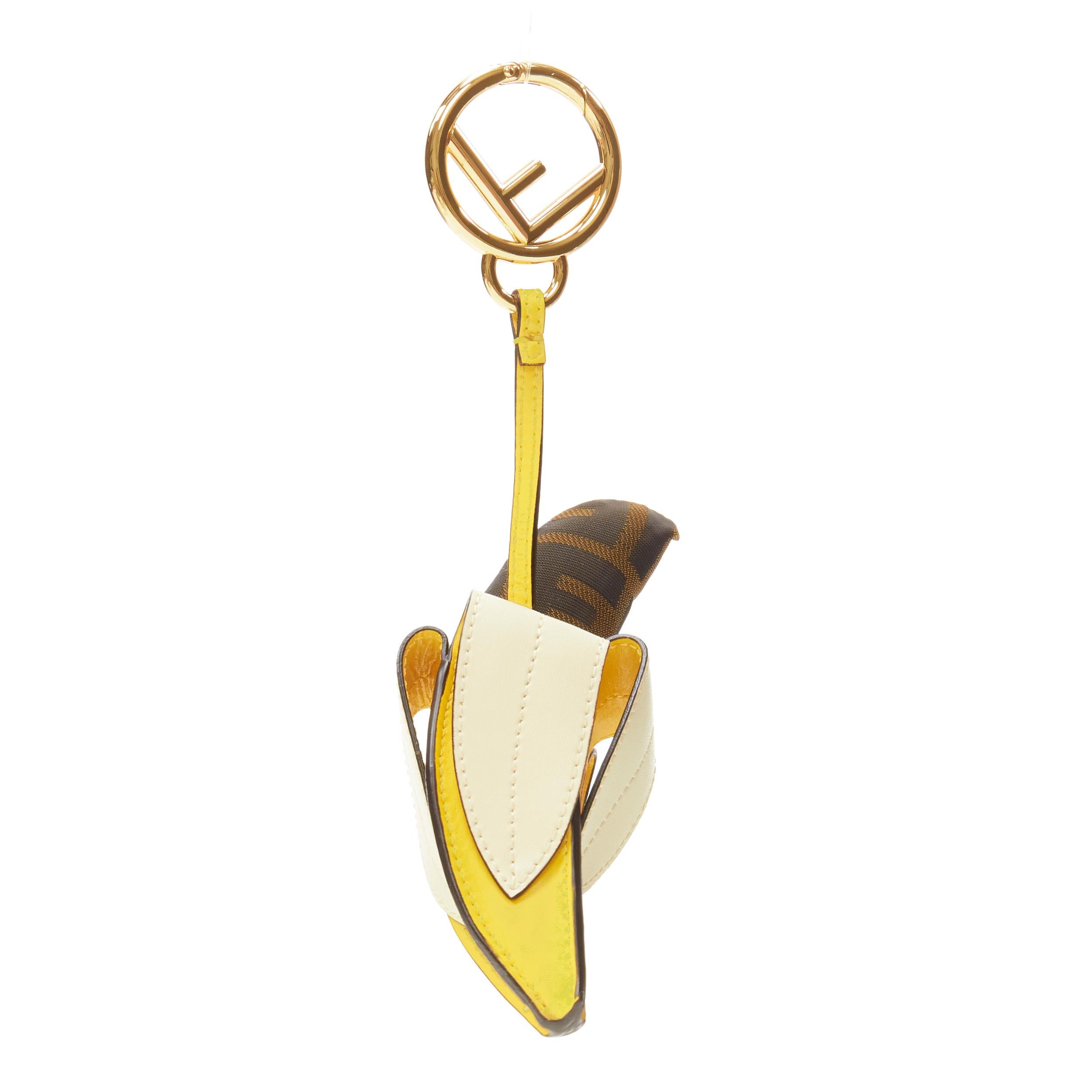 Brown rare FENDI Zucca GG monogra yellow pealed back banana gold F key ring bag charm