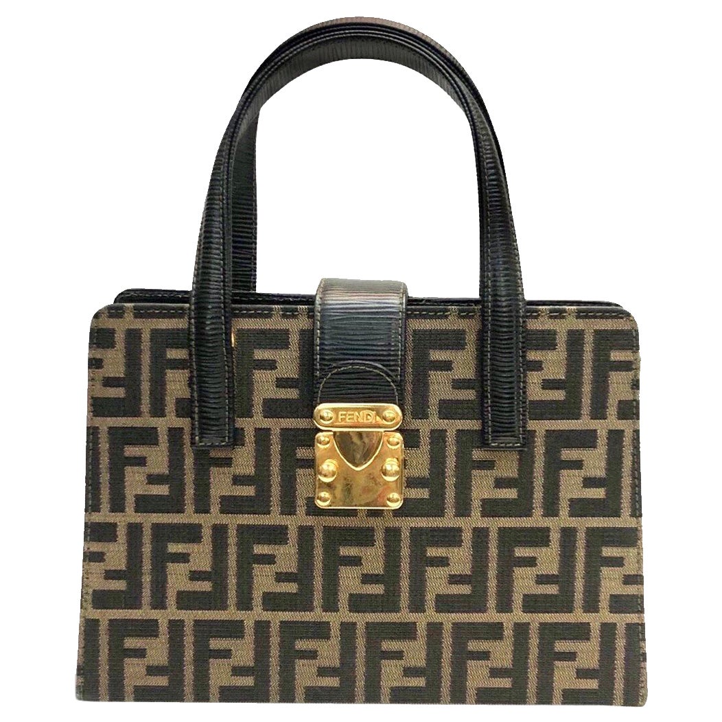 Seltene Fendi Zucca Print Canvas Lederhandtasche mit Griff aus Segeltuch