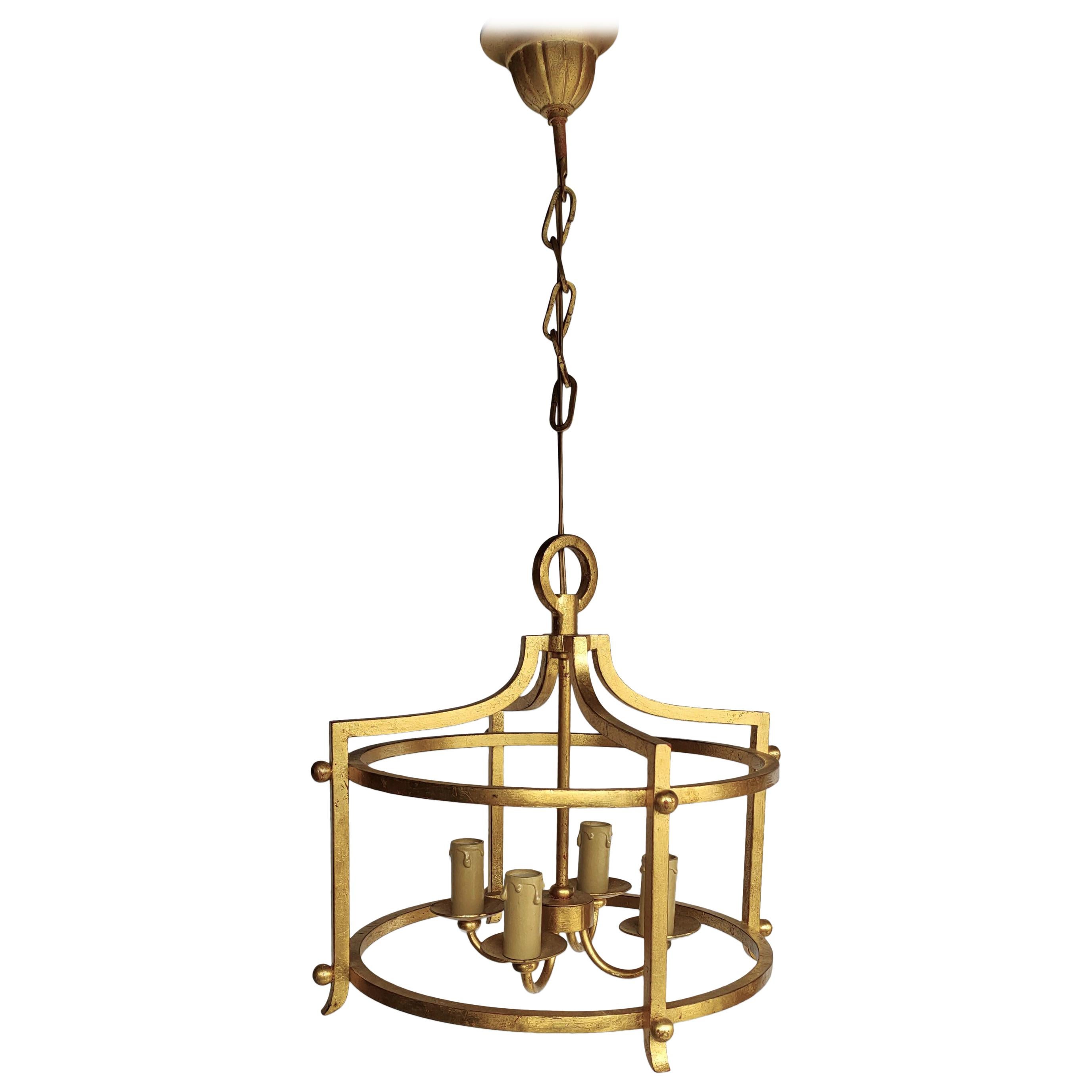 Rare "fer battu" Gold Leaf Chandelier by Henri Pouenat, France, 1960s