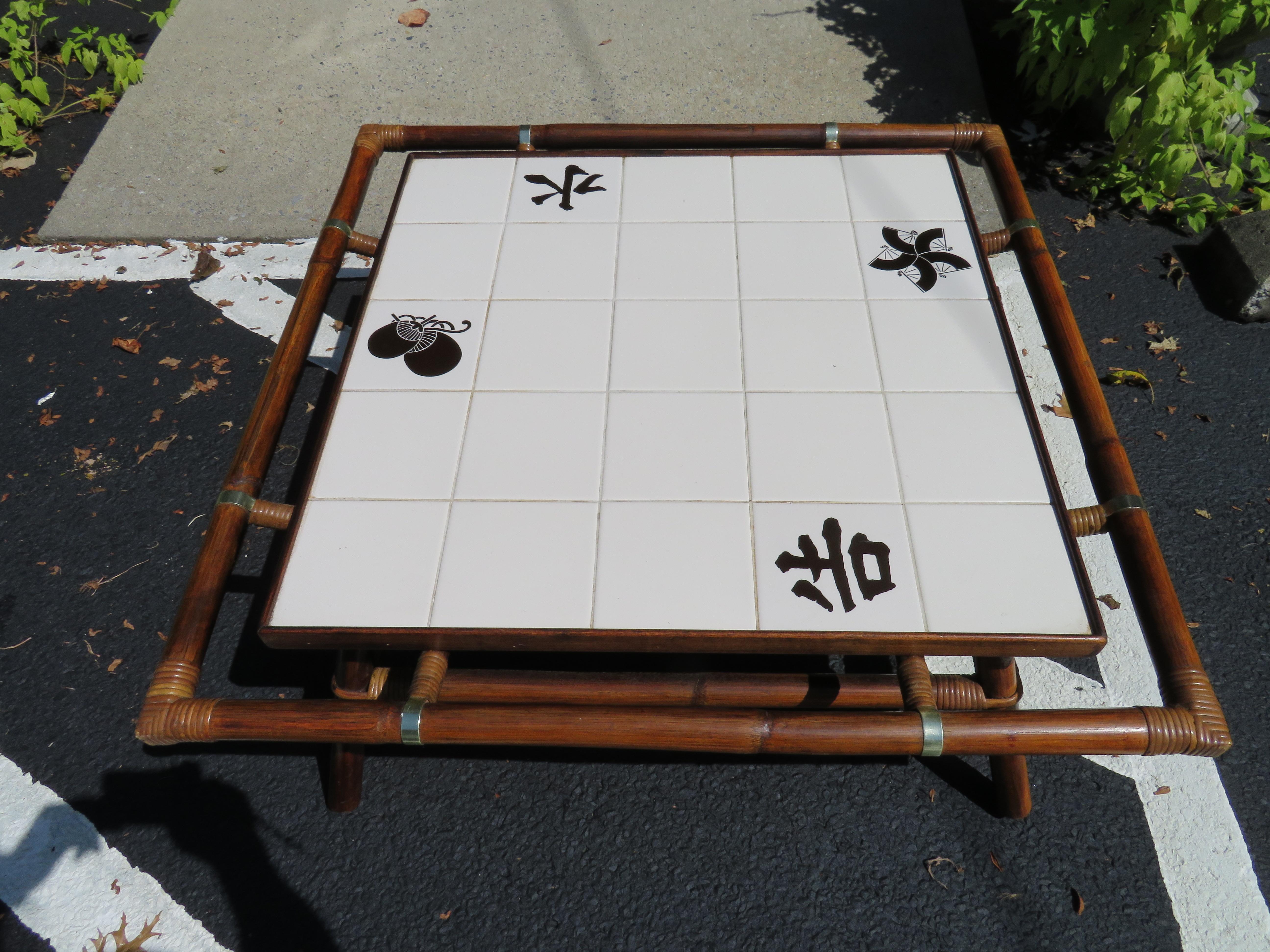 Rare form Ficks Reed rattan and tile square coffee table. This table is from Ficks Reed’s Far Horizons collection by John Wisner which was introduced in 1954. The original tiles still look great with only minor wear.