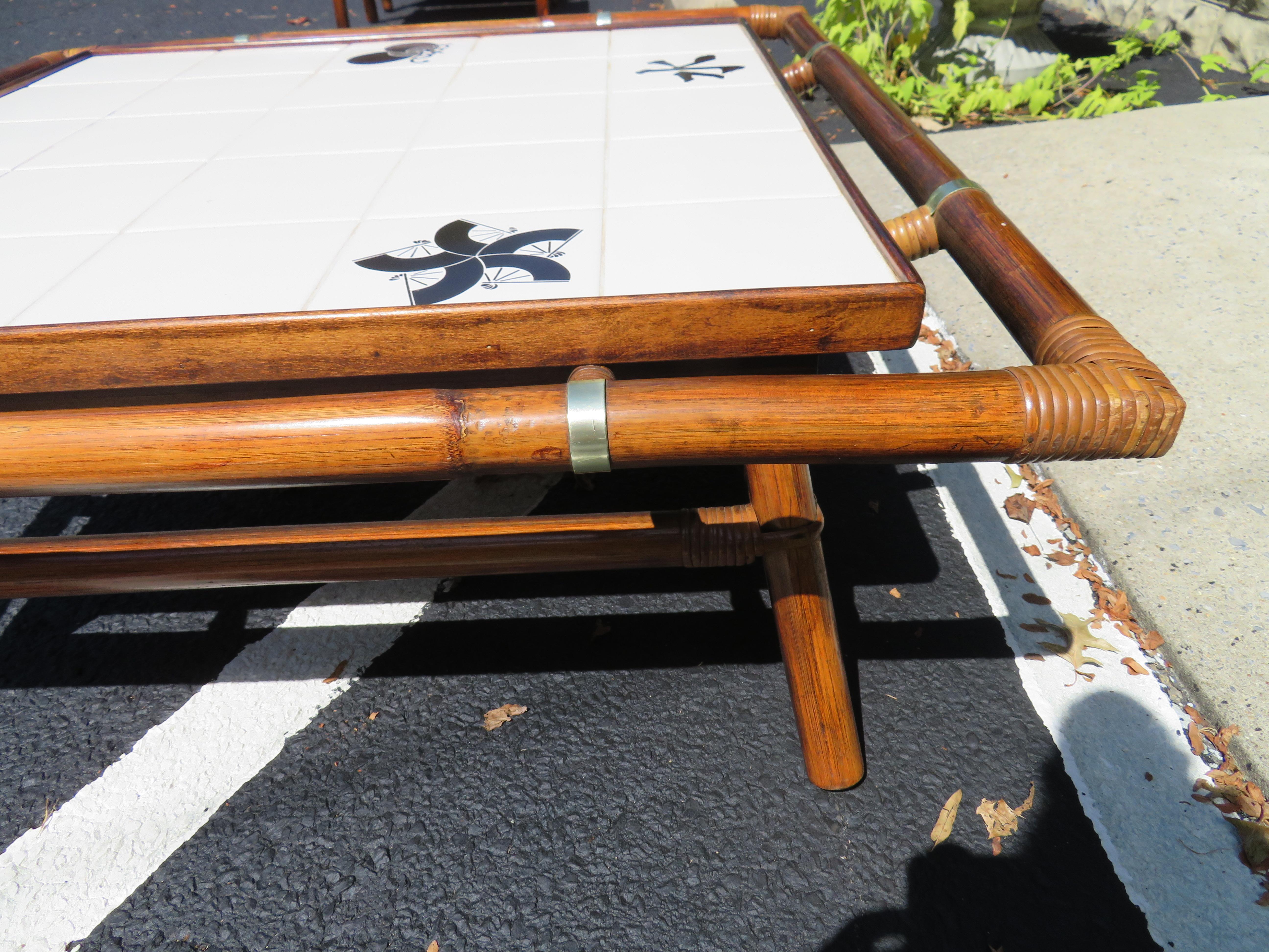 Mid-20th Century Rare Ficks Reed Rattan Tile Square Coffee Table John Wisner For Sale