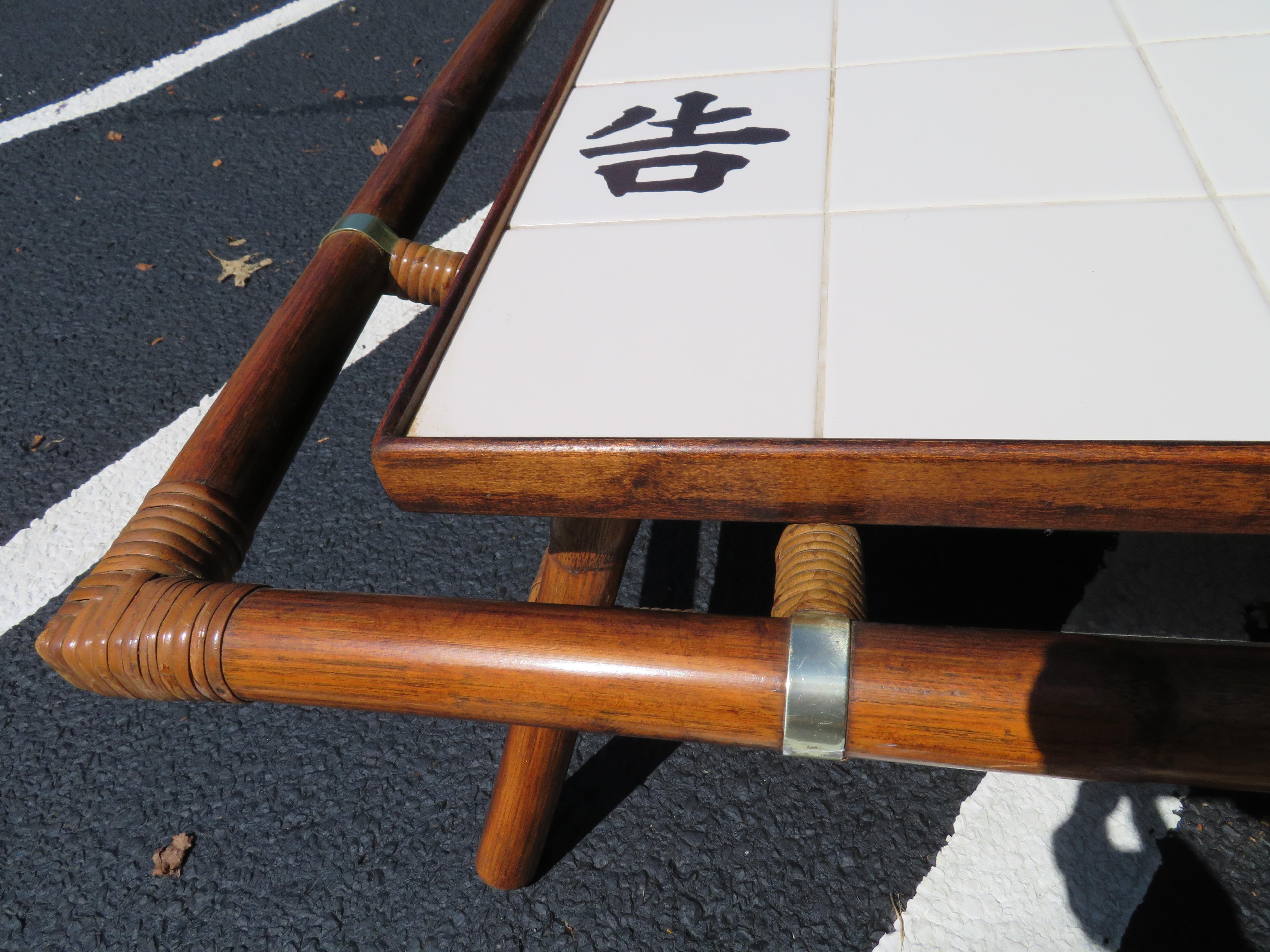 Brass Rare Ficks Reed Rattan Tile Square Coffee Table John Wisner For Sale