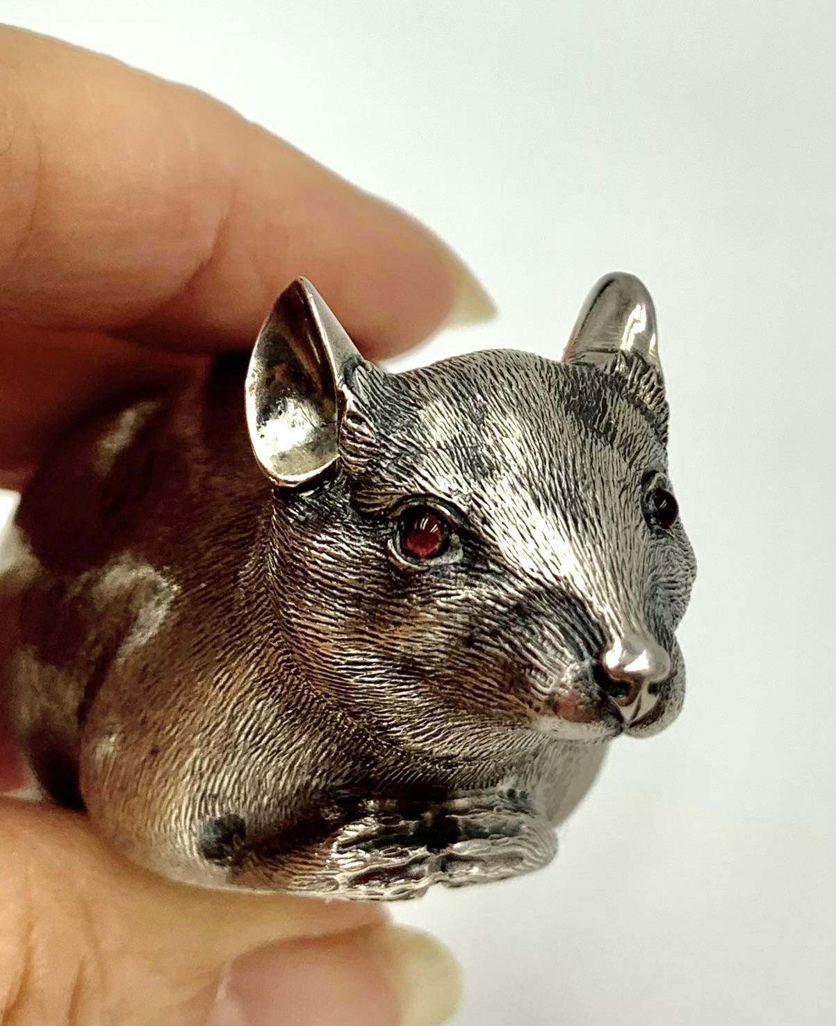 High Victorian Rare Figural Antique English Sterling Silver Mouse with Ruby Eyes Snuff Box 1884