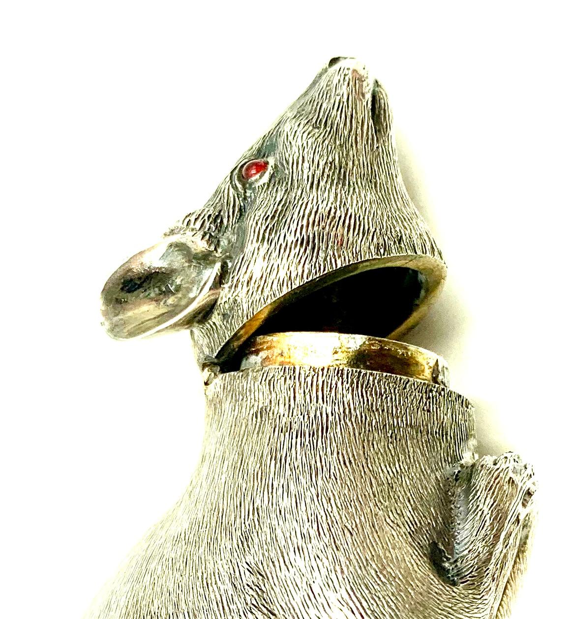 Hand-Crafted Rare Figural Antique English Sterling Silver Mouse with Ruby Eyes Snuff Box 1884